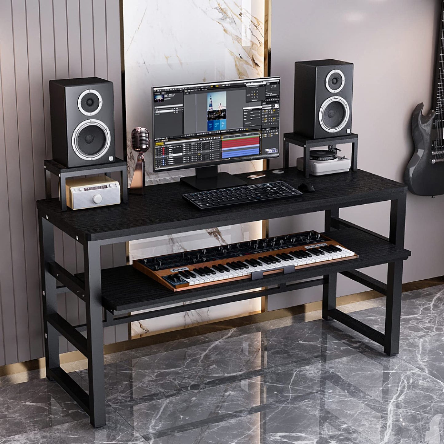 Zreephy Music Studio Recording Desk with 1 Piano Keyboard Tray, Music Production Workstation, Home Office Furniture Wooden Table (Black Board + Black Frame, 63 inches)