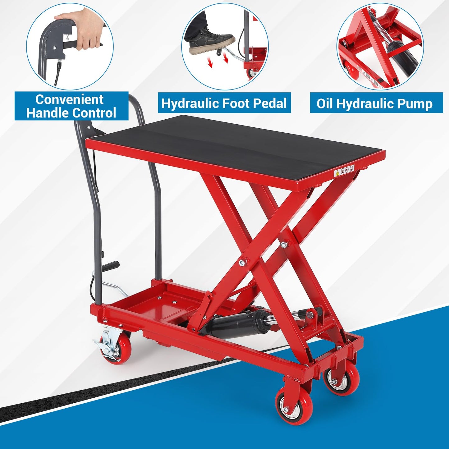 Garvee Hydraulic Lift Table Cart, 1100 LBS Capacity 35.4 in Lifting Height, Single Scissor Lift Table with 4 Wheels and Non-Slip Pad for Material Handling and Transportation, Red
