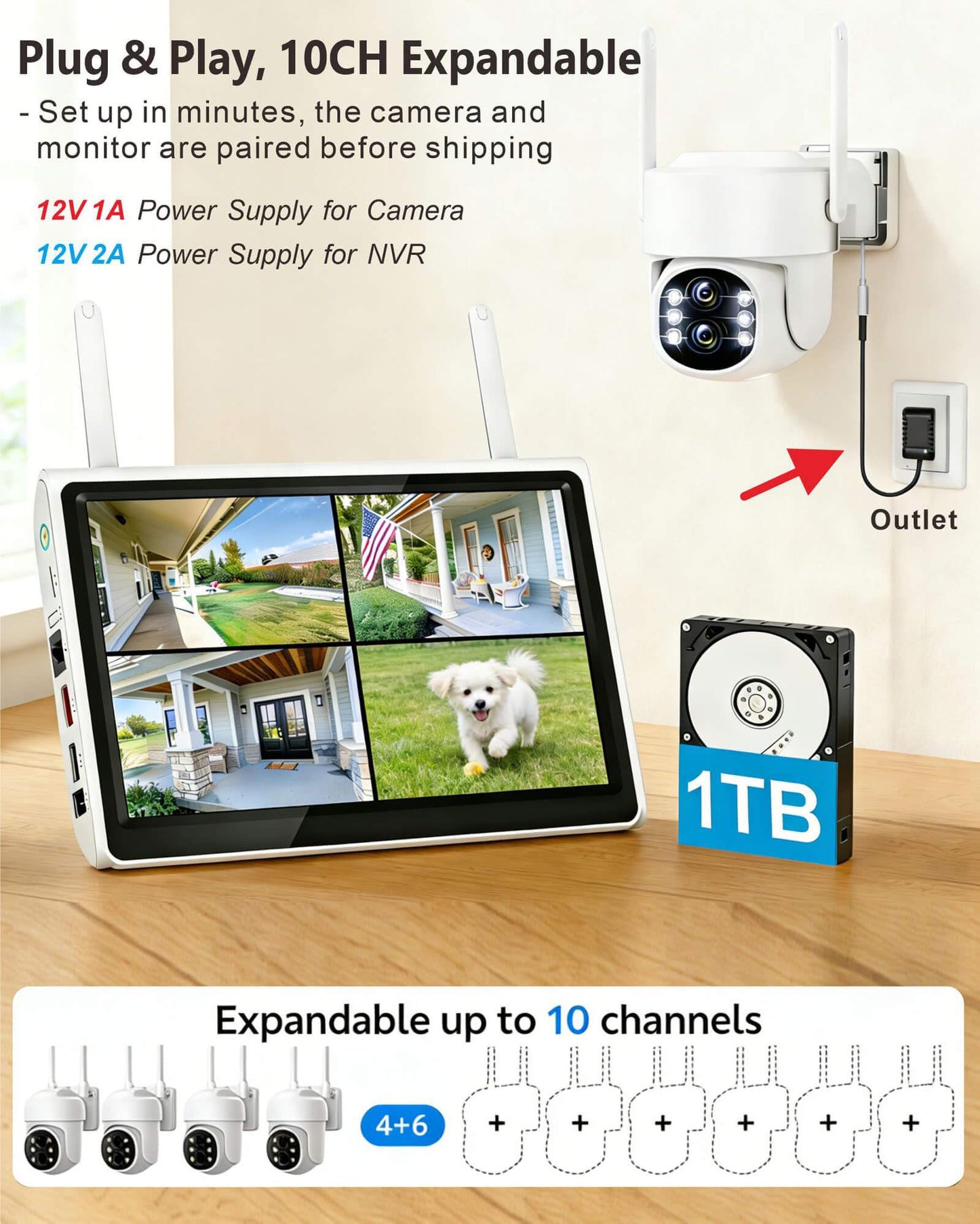 PTZ Security Camera System Outdoor with 10" HD Monitor, Pre-Installed 1TB HDD for 24/7 Recording No Monthly Fee, 4X 2K Dual-Lens Cameras with 10X Zoom, 10CH Expandable WiFi NVR, 2.4G/5G