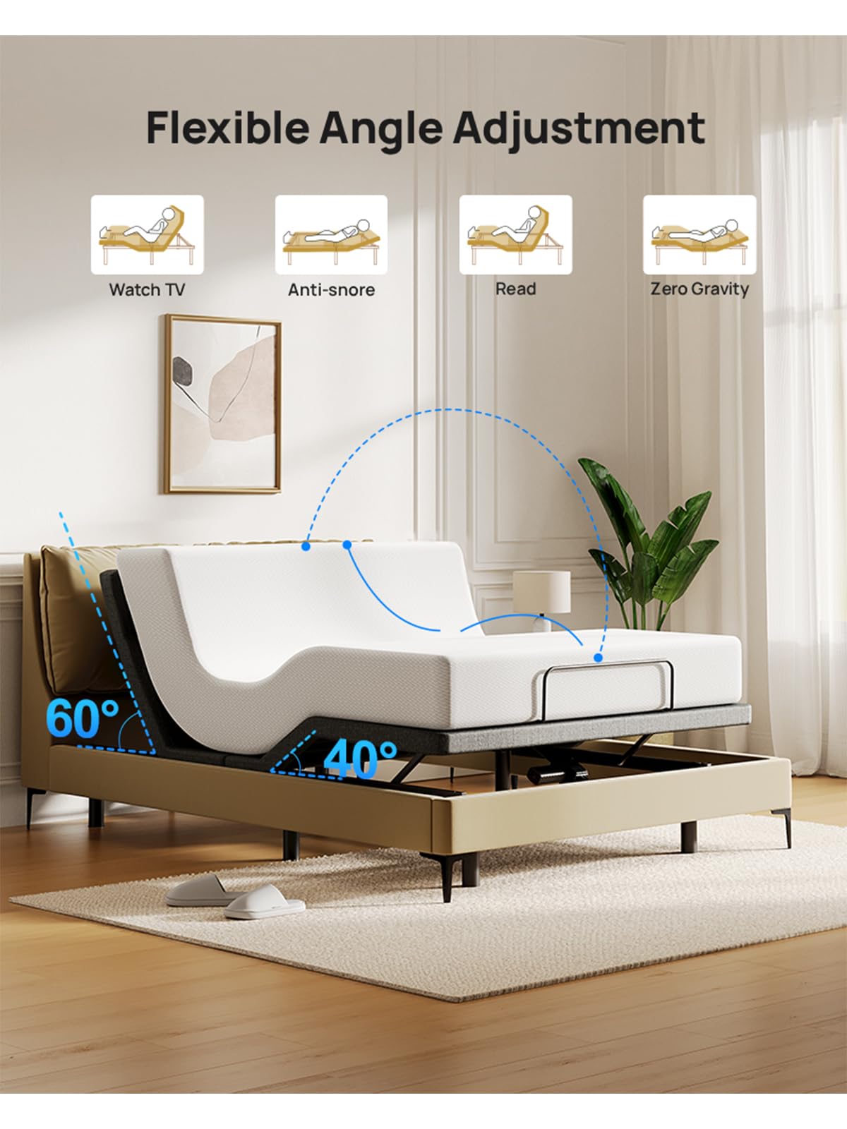 Glendan Queen Adjustable Bed Frame: Back & Foot Incline Electric Bed Base, Remote Control with Storage Basket, USB-A & USB-C Both Sides Charging, Zero Gravity Anti-Snore, 3 Heights, Easy Assembly
