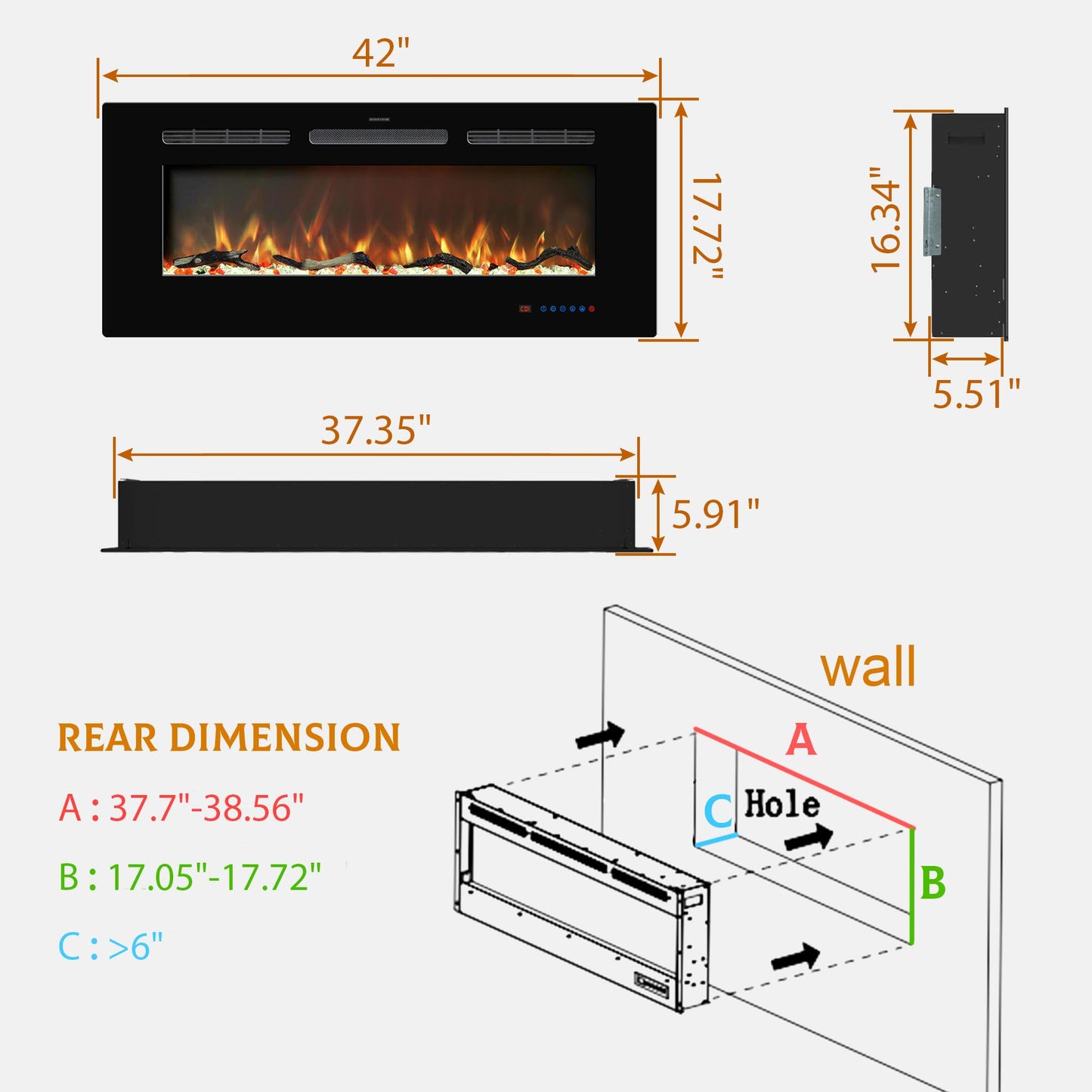 Kentsky 42 inches Electric Fireplace Inserts, Recessed and Wall Mounted Fireplace Heater, Linear Fireplace w/Thermostat, Remote & Touch Screen, Multicolor Flame, Timer, Logs & Crystal, 750W/1500W