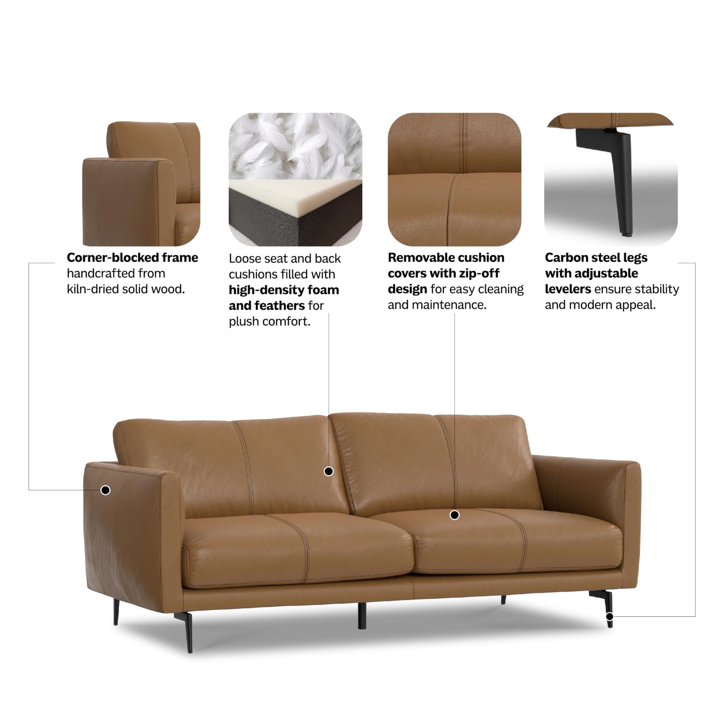 SIMPLIHOME Stevens Sofa in Genuine Leather, Butternut Brown, 81-inch Wide, Solid Wood Frame, Modern Living Room Furniture