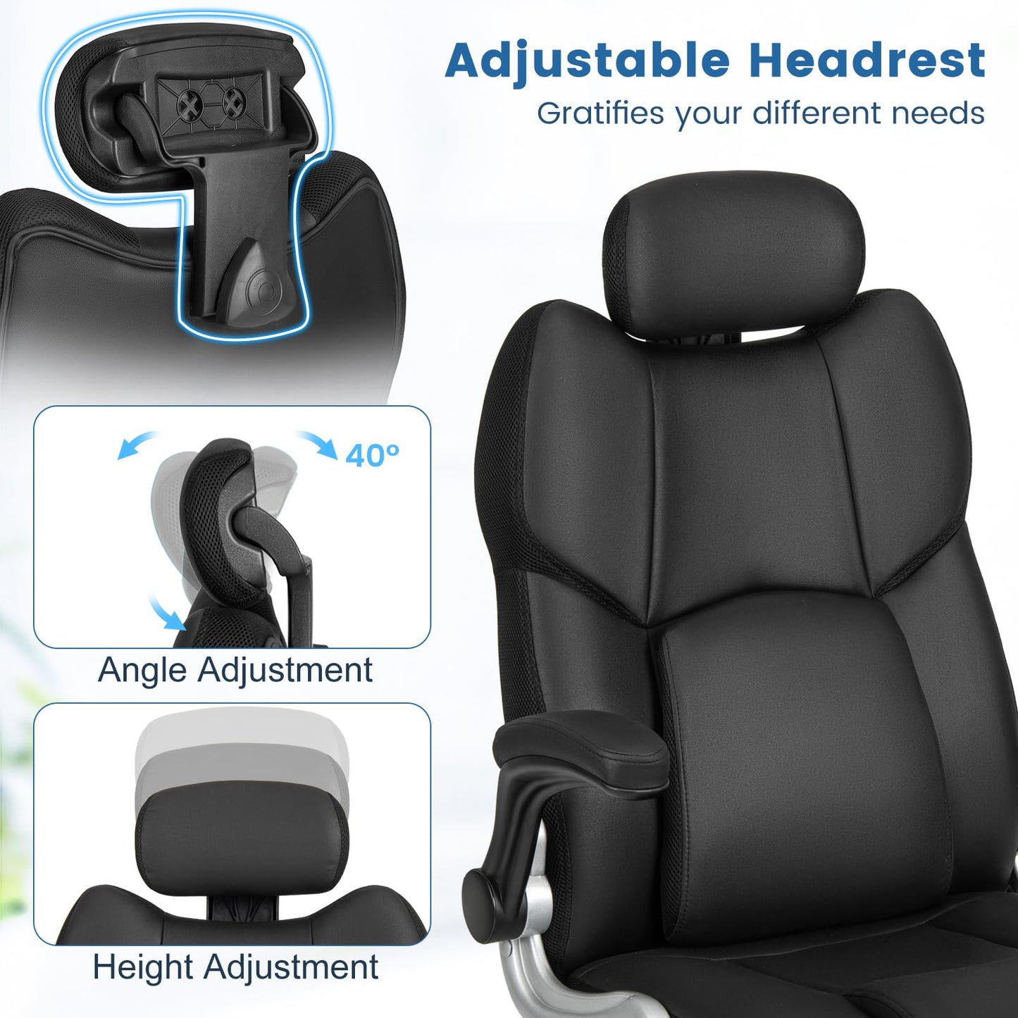 Giantex Executive Office Chair, Kneading Massage Computer Chair with Removable Lumbar Support Pillow, Adjustable Headrest, Faux Leather Rolling Desk Chair with Flip-up Armrests for Home Office, Black