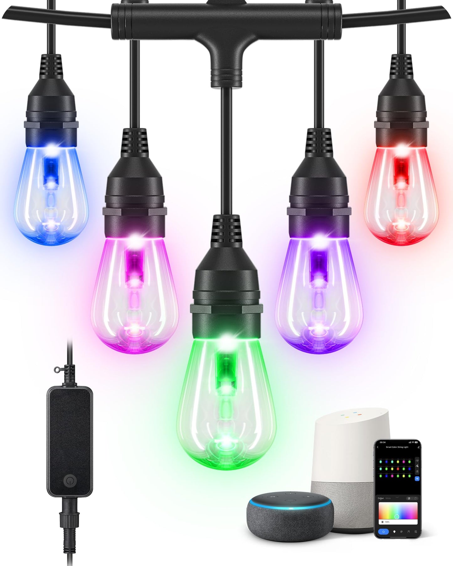 EDISHINE Smart Outdoor String Lights, 96ft, 36 RGBW LED Bulbs, APP Control, Waterproof, Multi-colored S14 Bulbs, Model YJ-312-36