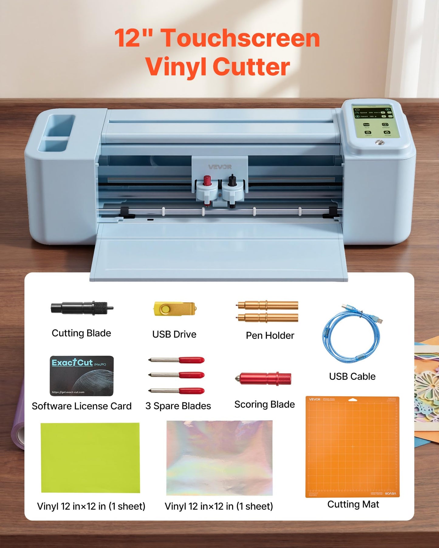 VEVOR Vinyl Cutting Machine, 12 in, Touchscreen-Controlled Vinyl Cutter, 20000+ Built-in Design Resources, Compatible with Mac, Windows, Android and iOS, for Creating Customized Crafts Cards, Decor