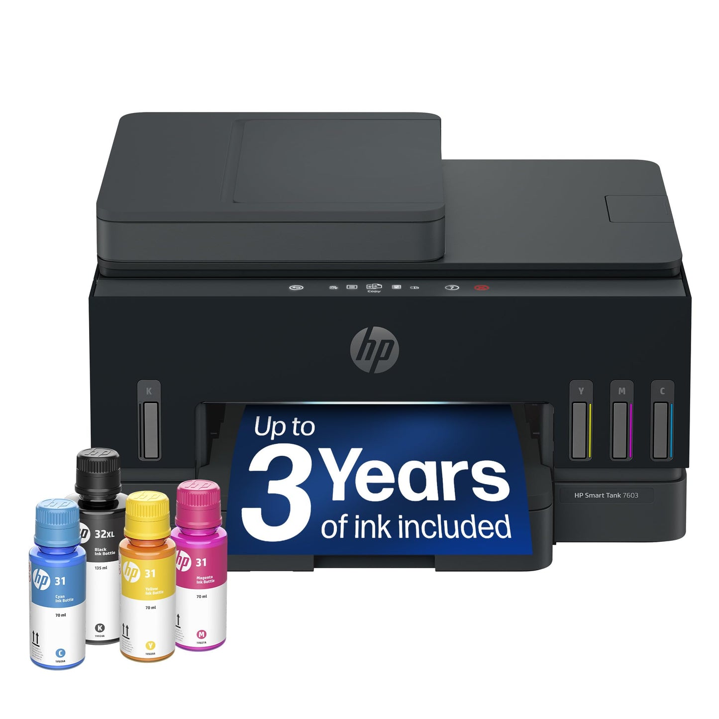 HP Smart Tank 7603 Wireless All-in-One Ink Tank Printer, Scanner, Copier with up to 3 Years of Ink Included, Best-for-Home Office, Cartridge-Free Refillable, AI-Capable (D34F7A)