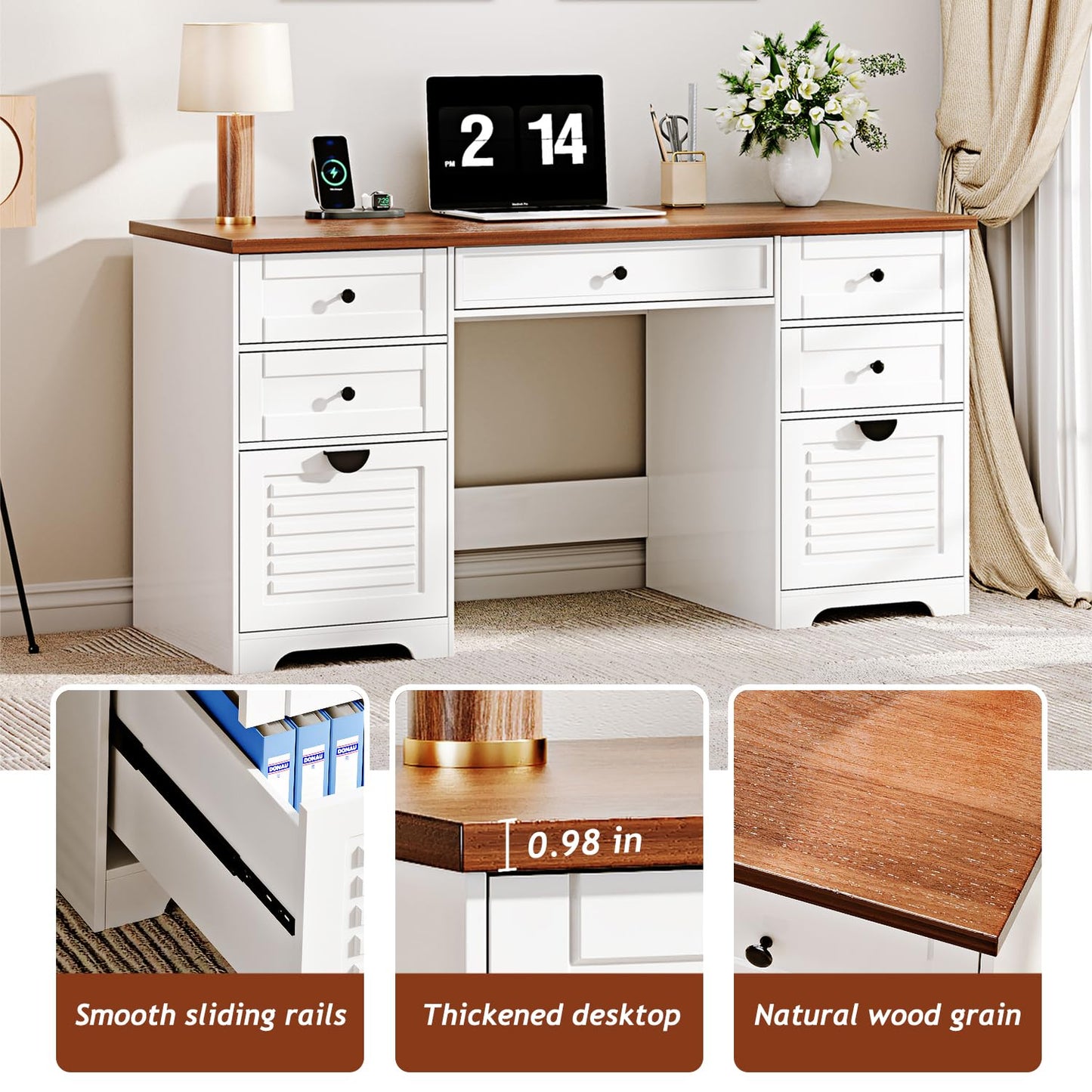 Ieejdn 59" Home Office Desks, Executive Desk, Farmhouse Computer Desk with 7 Drawers and Charging Station, File Drawer, Rustic Computer Writing Desk,Antique Cream