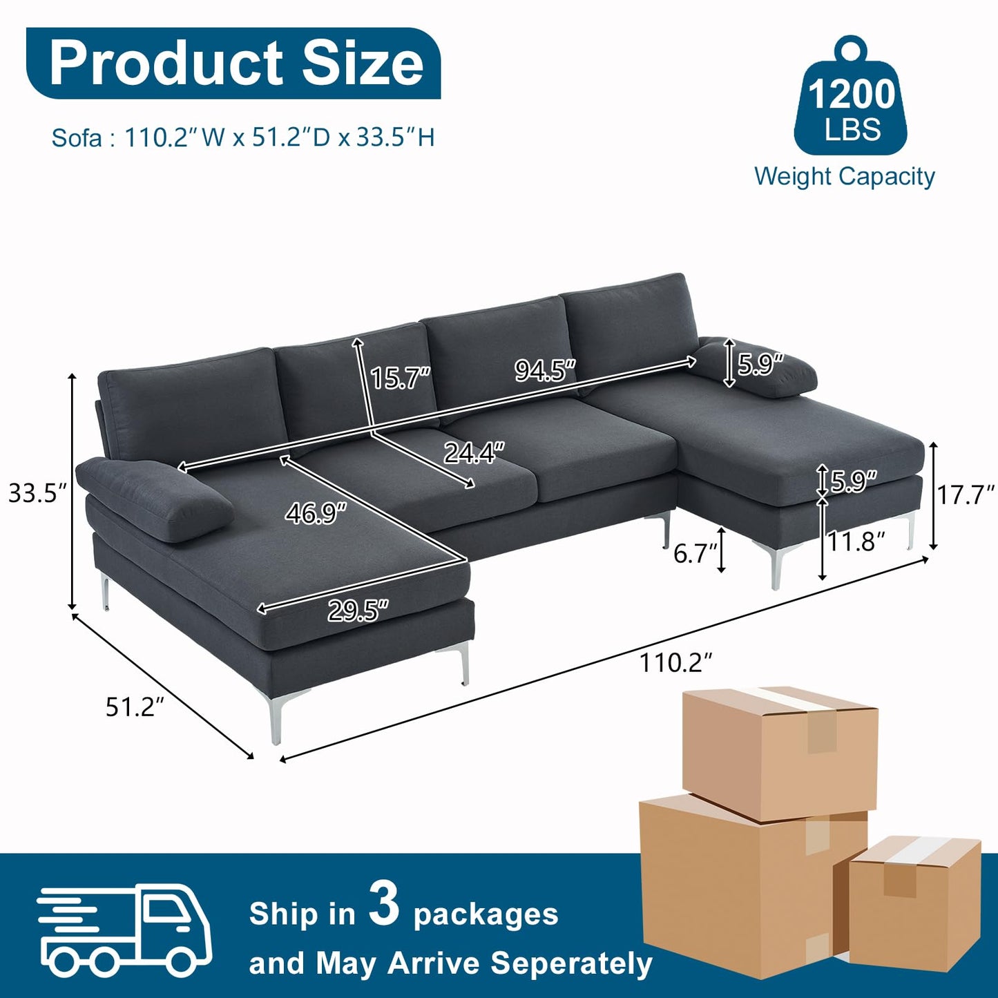 VINGLI 110" Modern Sectional Couch with 51" D Double Chaise, Dark Grey Deep Seat U Shaped Couch with Removable Pillows & Metal Legs, Comfy 4-Seat Sofas for Living Room, Linen Fabric