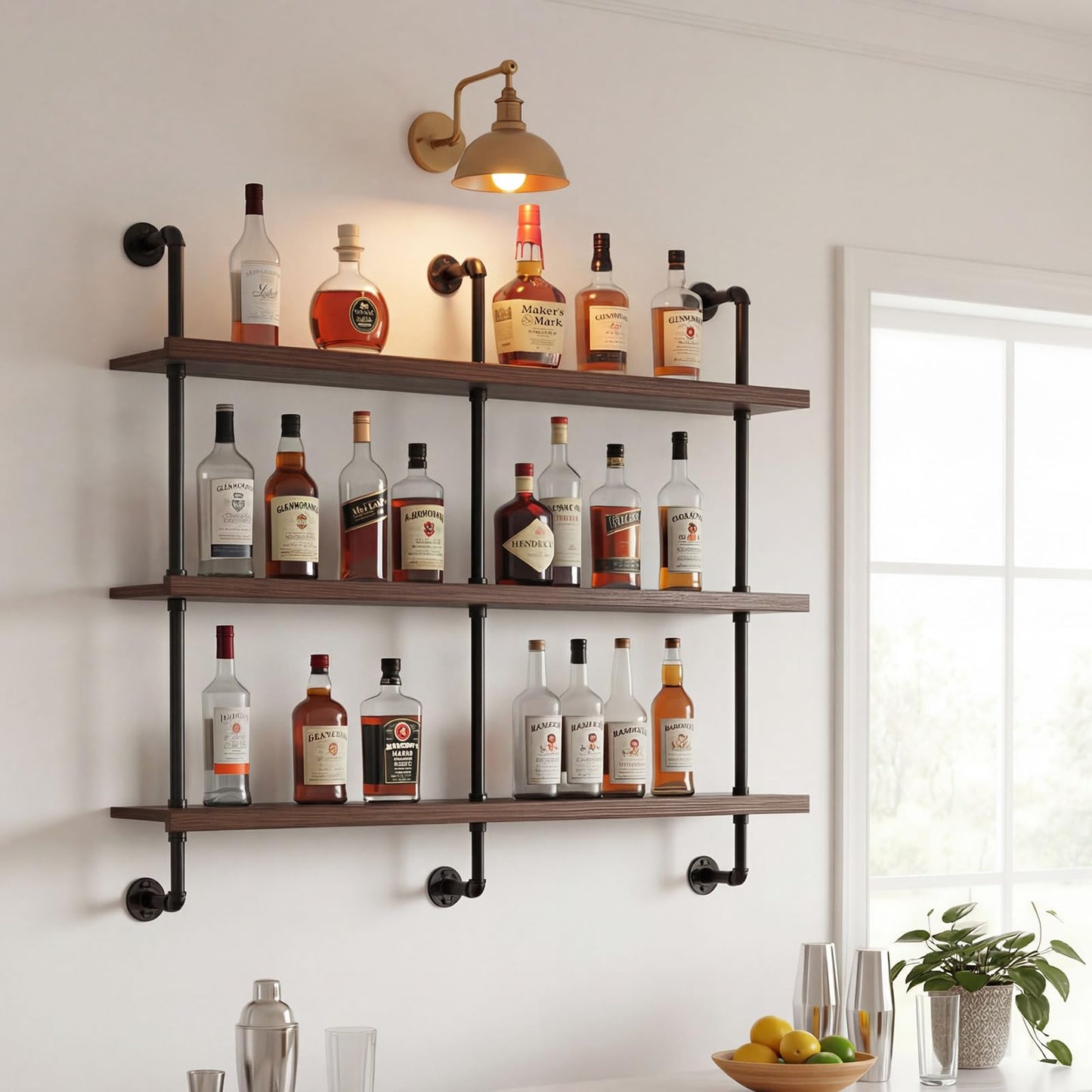 59-inch Modern Wall-Mounted Wine Rack with LED Lights, 3-Tier Liquor Bottle Bar Display Shelf, Industrial Wine Rack Floating Bar Shelf, Multifunctional Wine Storage Rack for Home Bar, Kitchen, Cafe
