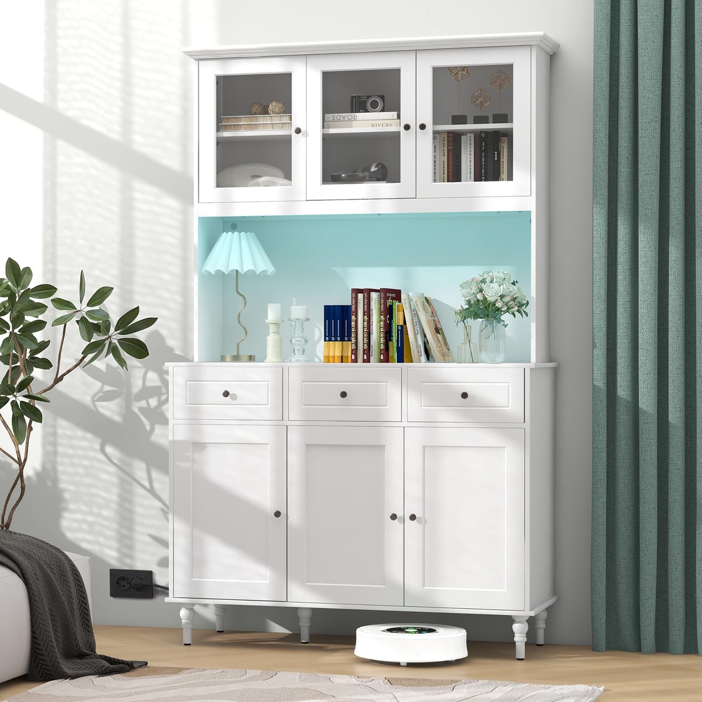 Giantex 77” Large Pantry Cabinet, Kitchen Buffet Hutch w/LED Lights 20 Colors, Outlet, 3 Drawers, Microwave Countertop, Freestanding Cupboard with 4 Adjustable Shelves & Tempered Glass Doors (White)