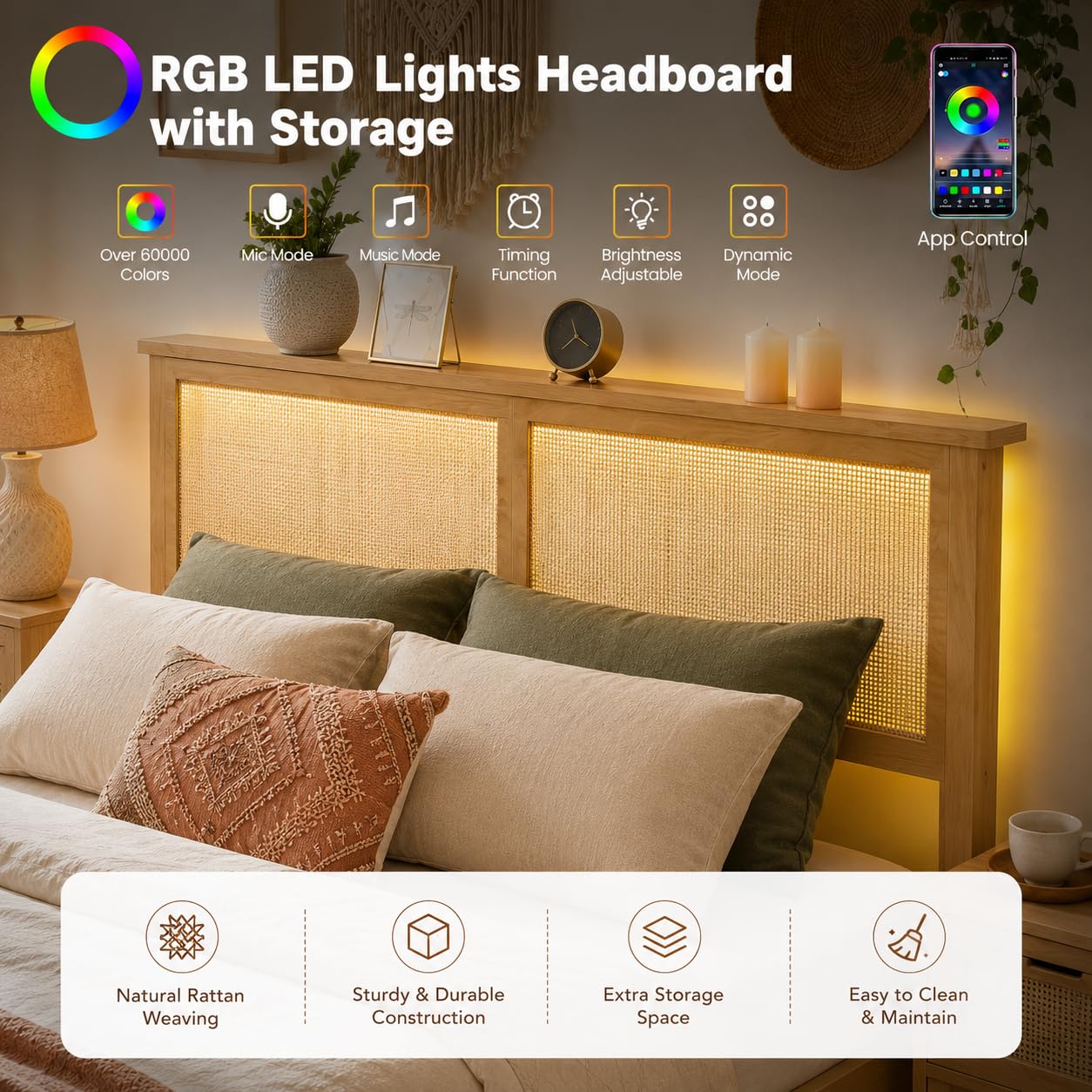 GAOMON Full Rattan Wood Bed Frame with Natural Rattan Headboard, Full Size Platform Bed Frame with LED Lights, Mattress Foundation, Noise-Free, No Box Spring Needed