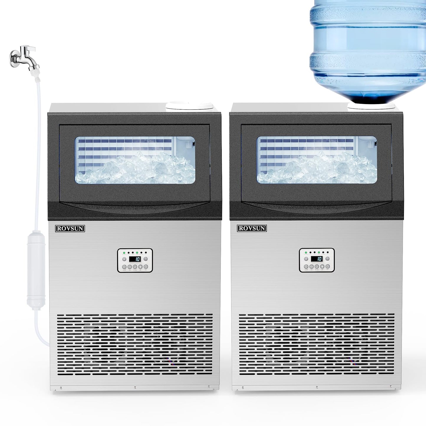 ROVSUN 110LBS/24H Commercial Ice Maker Machine with 50lbs Storage Bin, Freestanding/Countertop Ice Machine with 2 Water Inlets, Ice Scoop & Water Filter for Home Office Restaurant Bar Cafe Use