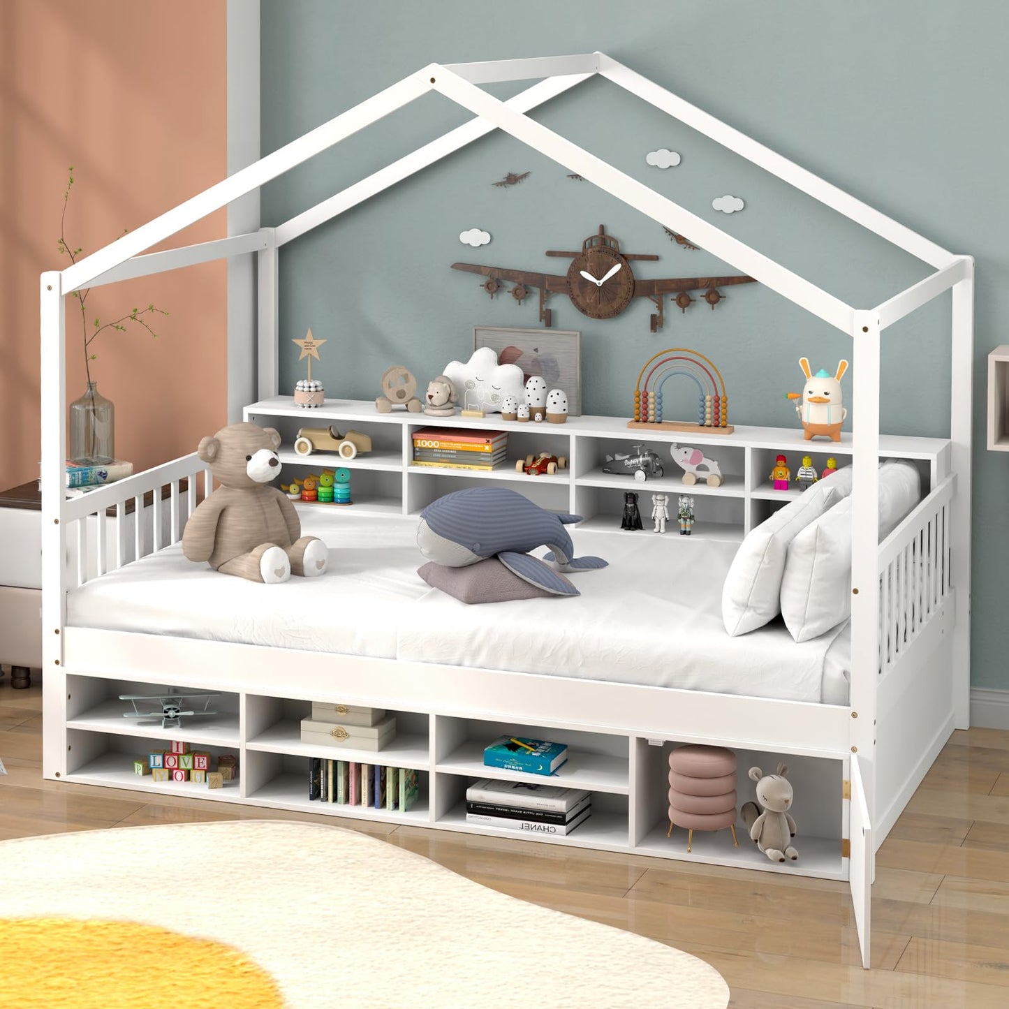 KOMFOTT Twin Size Wood House Bed with Storage Shelves, Wooden Platform Bed Frame with Storage Cabinet, Headboard & Footboard, House Bed with Wood Slats Support, No Box Spring Needed (White)