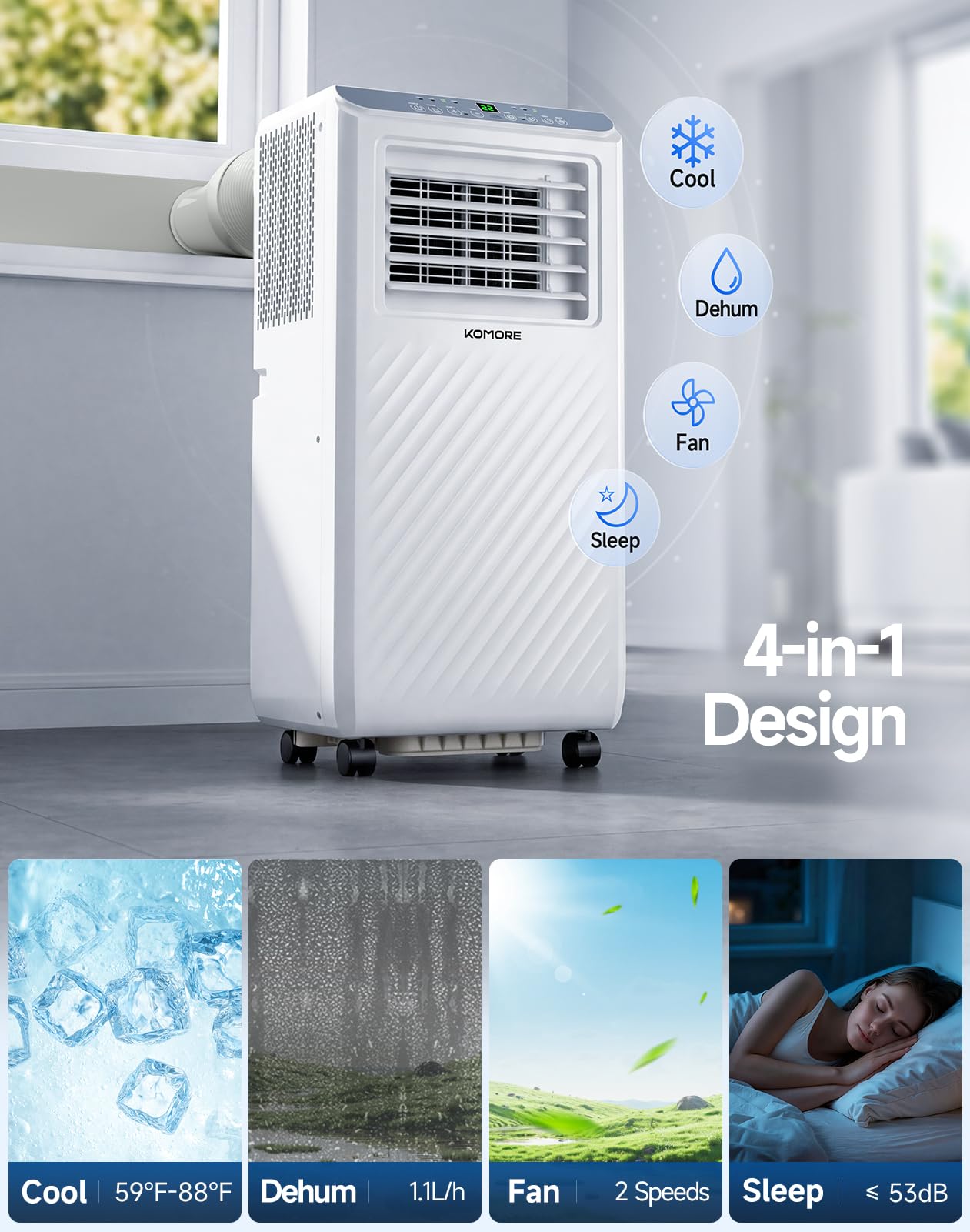 KOMORE Portable Air Conditioner,10000 BTU up to 450 Sq.Ft 4-in-1 Smart Quiet WiFi Floor Standing AC Unit for Bedroom Office room,Cooling,Dehumidifier,Fan,Sleep Mode,24H Timer,Remote Control (White)