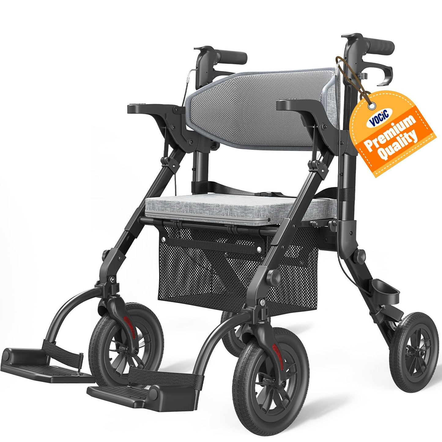VOCIC Rollator-Walkers-for-Seniors-with-Seat, Walker Wheelchair Combo, Transport-Wheelchair-Lightweight-Foldable, Adult Walkers All Terrain, 2 in 1 Rolling Walker Chair with Brakes & Pouch