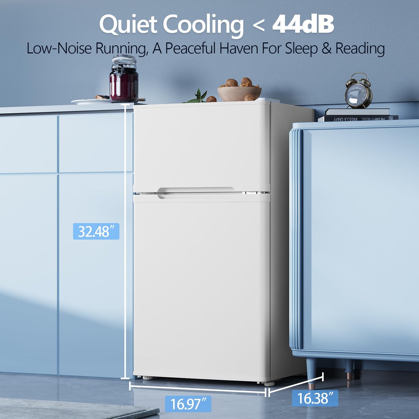 Electactic 2.5 Cu.Ft Mini Fridge with Freezer, Double-Door Compact Refrigerator, Adjustable Glass Shelves, Mechanical Thermostat & Built-in Casters, Space-Saving for Apartment/Dorm/Office, White
