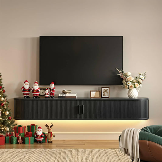 63" Floating TV Stand with Power Outlet for TVs up to 75", Fluted Entertainment Center with Remote Control for LED Lights, Mid-Century Modern TV Console w/Sliding Door for Living Room, Bedroom Black