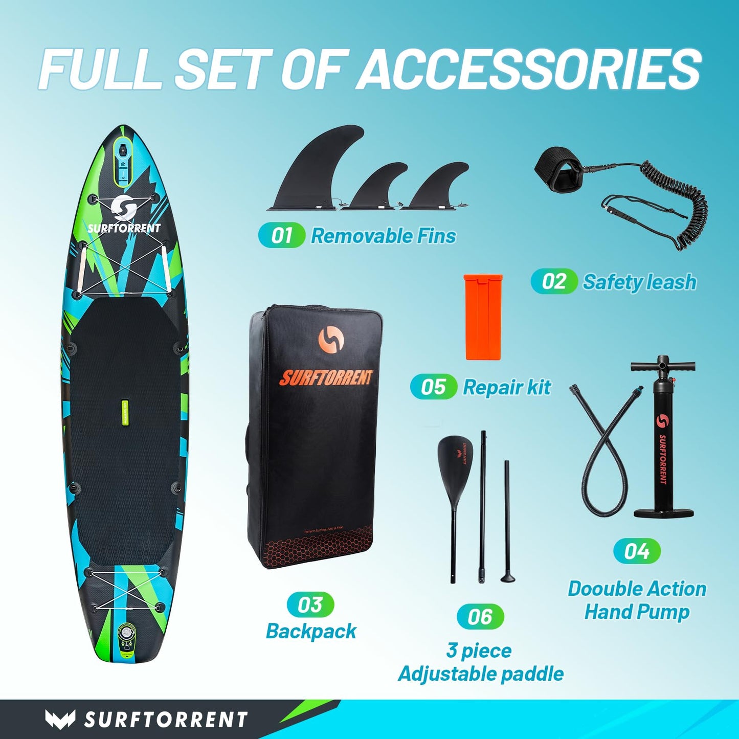 Surftorrent 11’x 33" Inflatable Stand Up Paddle Board for Adults & Youth - Wide Stable Design, Non-Slip EVA Deck, Includes Premium SUP Paddle Board Accessories, All Skill Levels (Laser Light-HL)