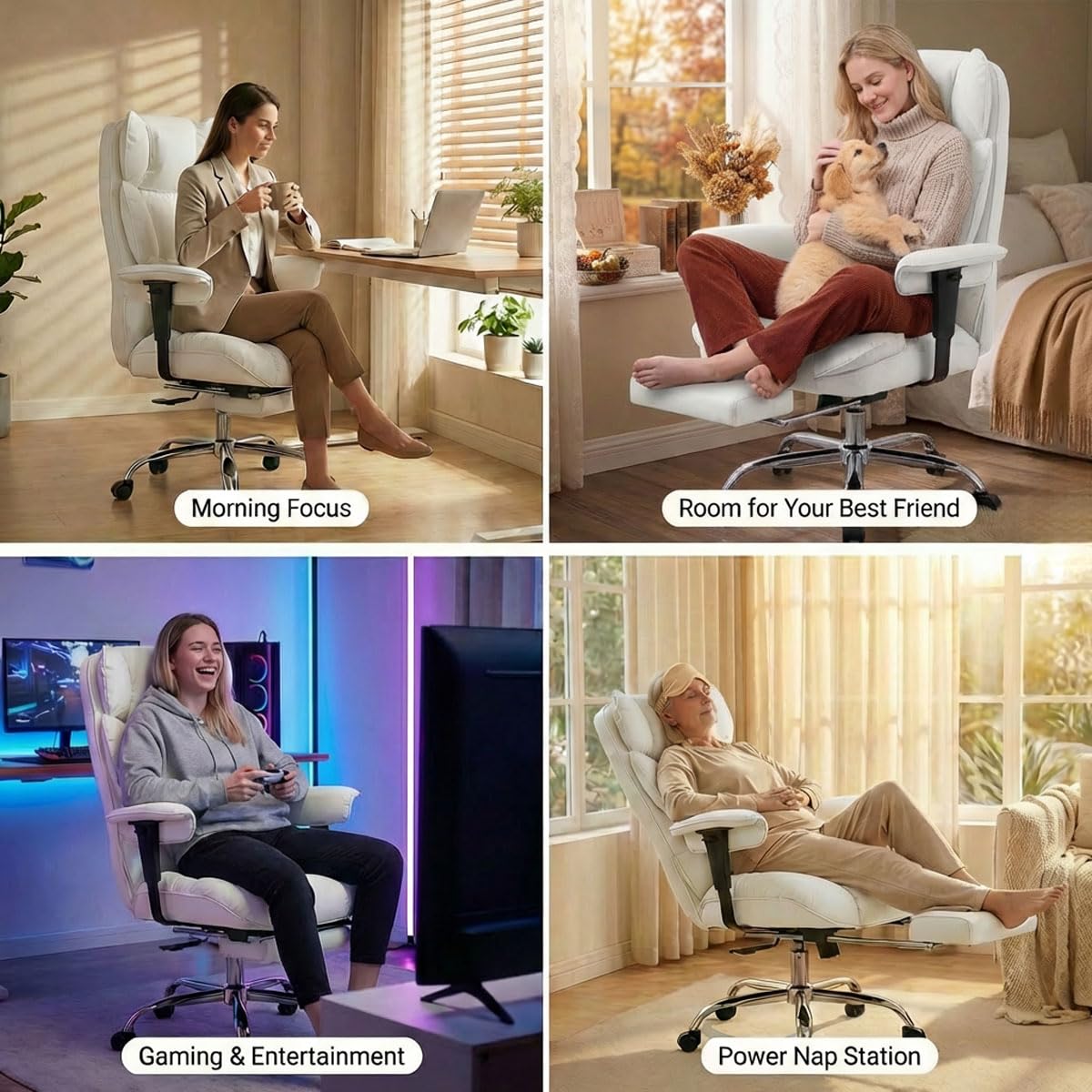 Efomao Big and Tall Office Chair 400lbs - Heavy Duty Reclining Desk Chair with Footrest, Spacious High Back PU Leather Executive Chair, Double-Layer Spring Support, White