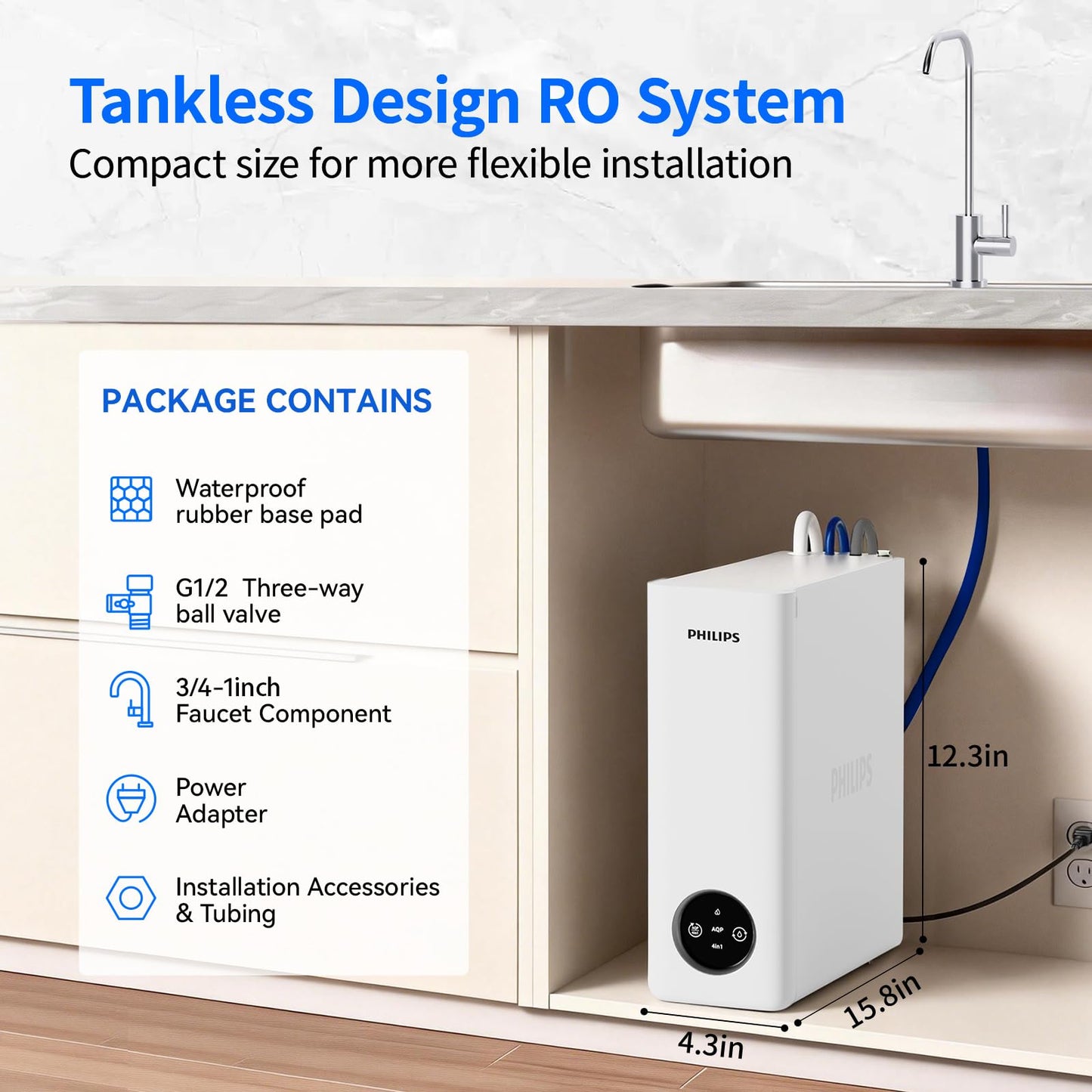 Philips AUT9340 Reverse Osmosis Water Filter,400 GPD Tankless Water Filtration 2.3:1 Pure to Drain, Reduces TDS, NSF/ANSI 372 UL 979 & CSA C22.2 No.68 Certified with Always Fresh Water