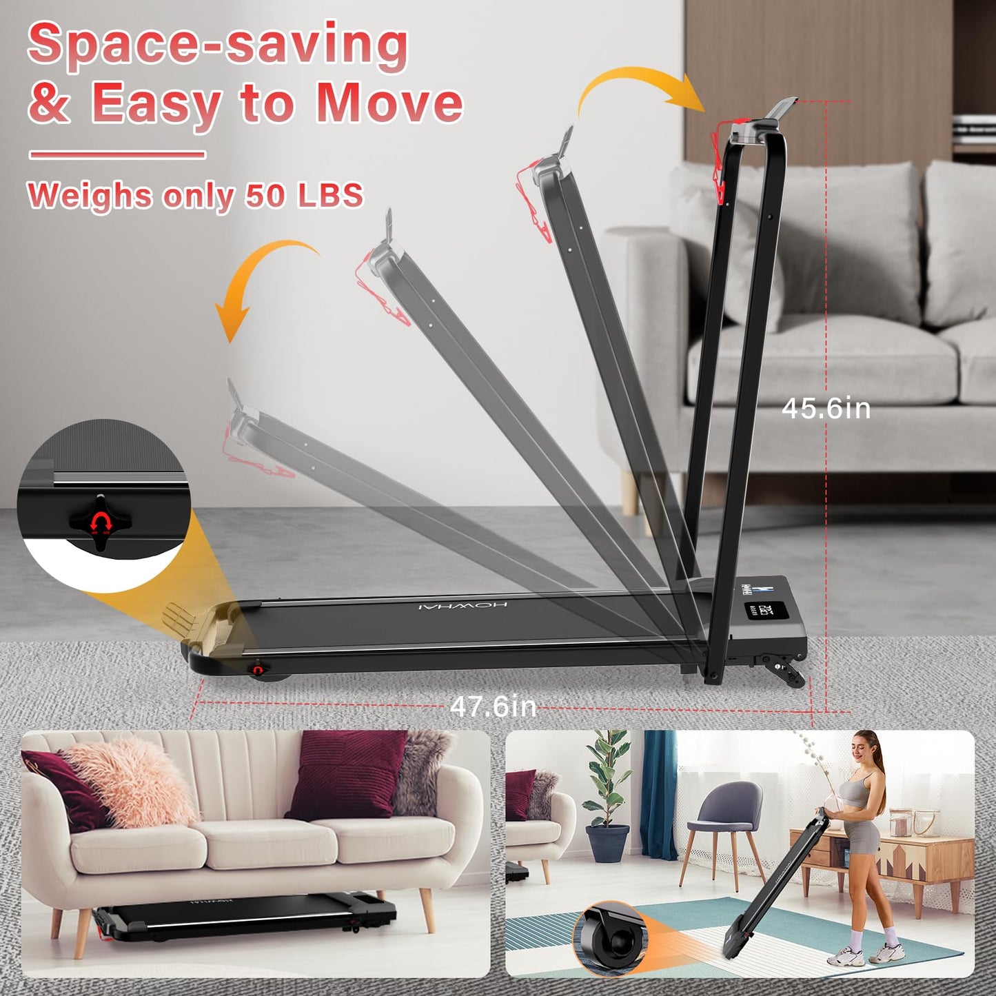 HOWHAI Walking Pad, Treadmill with Incline, Brushless 2 in 1 Foldable Under Desk Portable Treadmills for Home/Office with App, Bluetooth Music, Remote Control & LED Display (300lbs Capacity)