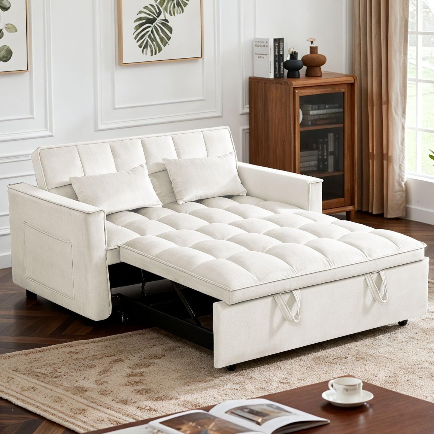 Trygoal 3 in 1 Convertible Sofa Bed, Loveseat Sleeper Sofa with Large Side Pockets, Pull Out Couch with Adjustable Backrest, Easy Assembly, Velvet Couch Bed for Small Spaces, Apartment, White