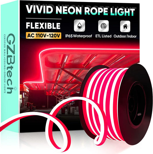 GZBtech Flexible LED Neon Rope Lights, 33FT, Waterproof, 120 LEDs/M, Red, Model 120V-ETL-Flexible-Red