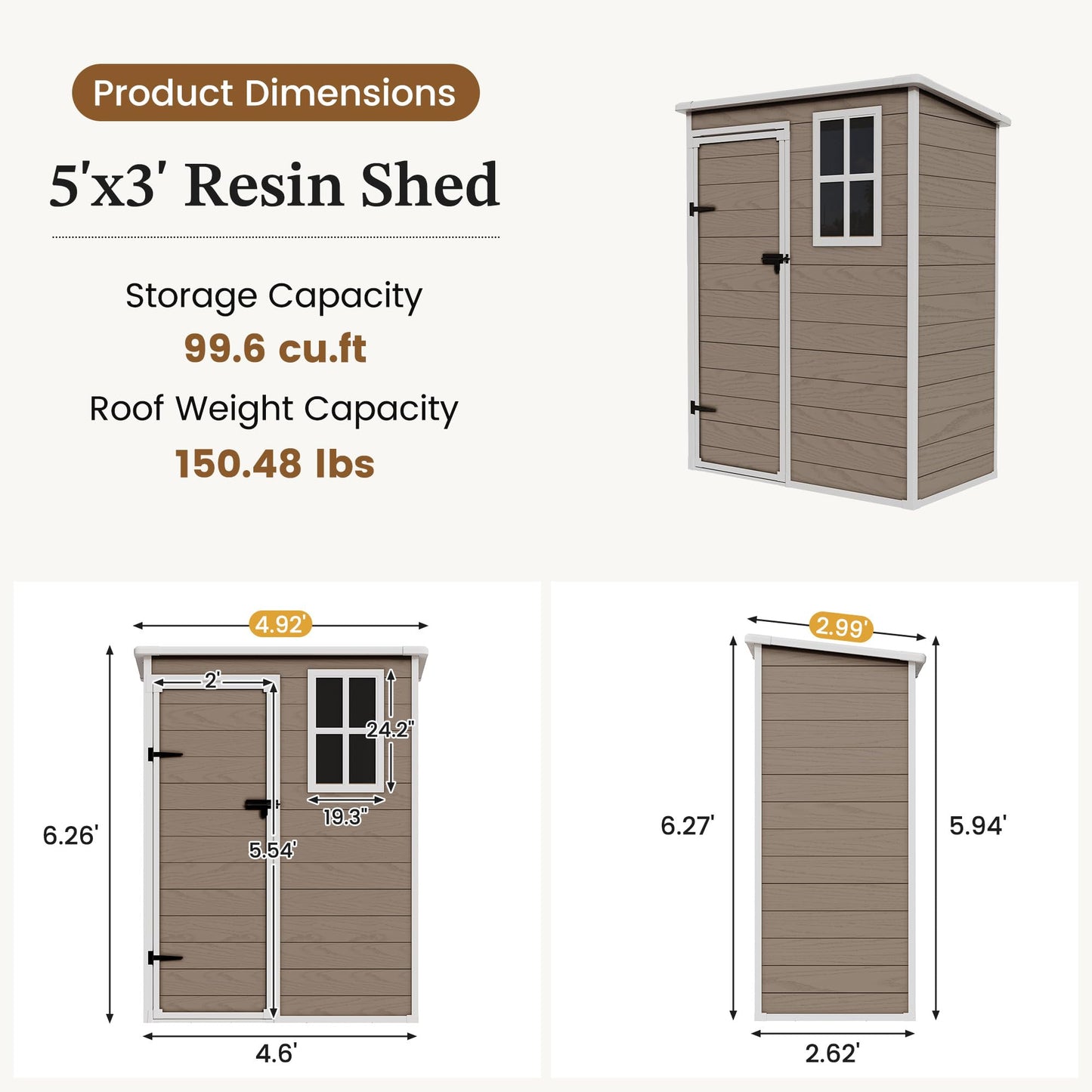 UDPATIO Outdoor Storage Shed 5x3 FT, Garden Resin Shed for Bike, Garbage Can, Tools, Outside Plastic Sheds with Floor for Backyard, Patio, Lawn, Brown