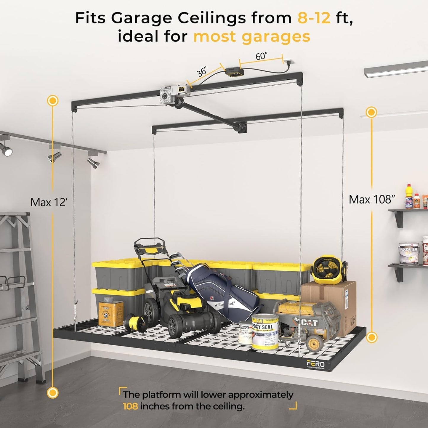 FERO Motorized Overhead Garage Storage Rack with Remote Control, Heavy-Duty Ceiling Mounted Organizer, 4x8 FT Ceiling Storage Lift System, Space-Saving Hanging Garage Shelves, 325 LBS Capacity (Motor)