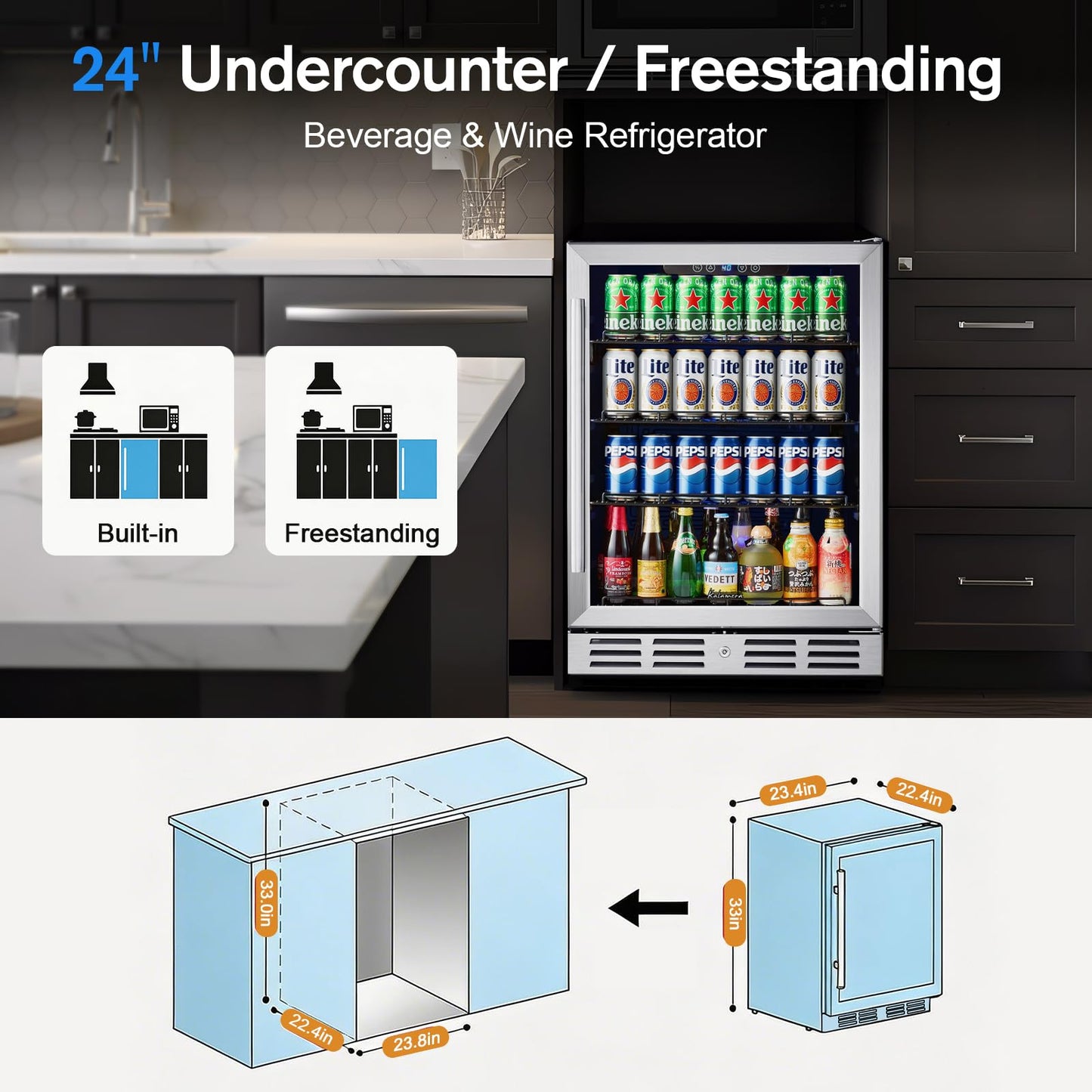 Kalamera 24 Inch Beverage Refrigerator, 164 Cans Under Counter Beverage Cooler for Beer Wine, Built-in/Freestanding Drink Fridge with Glass Door & Adjustable Shelves for Home Kitchen Office Bar