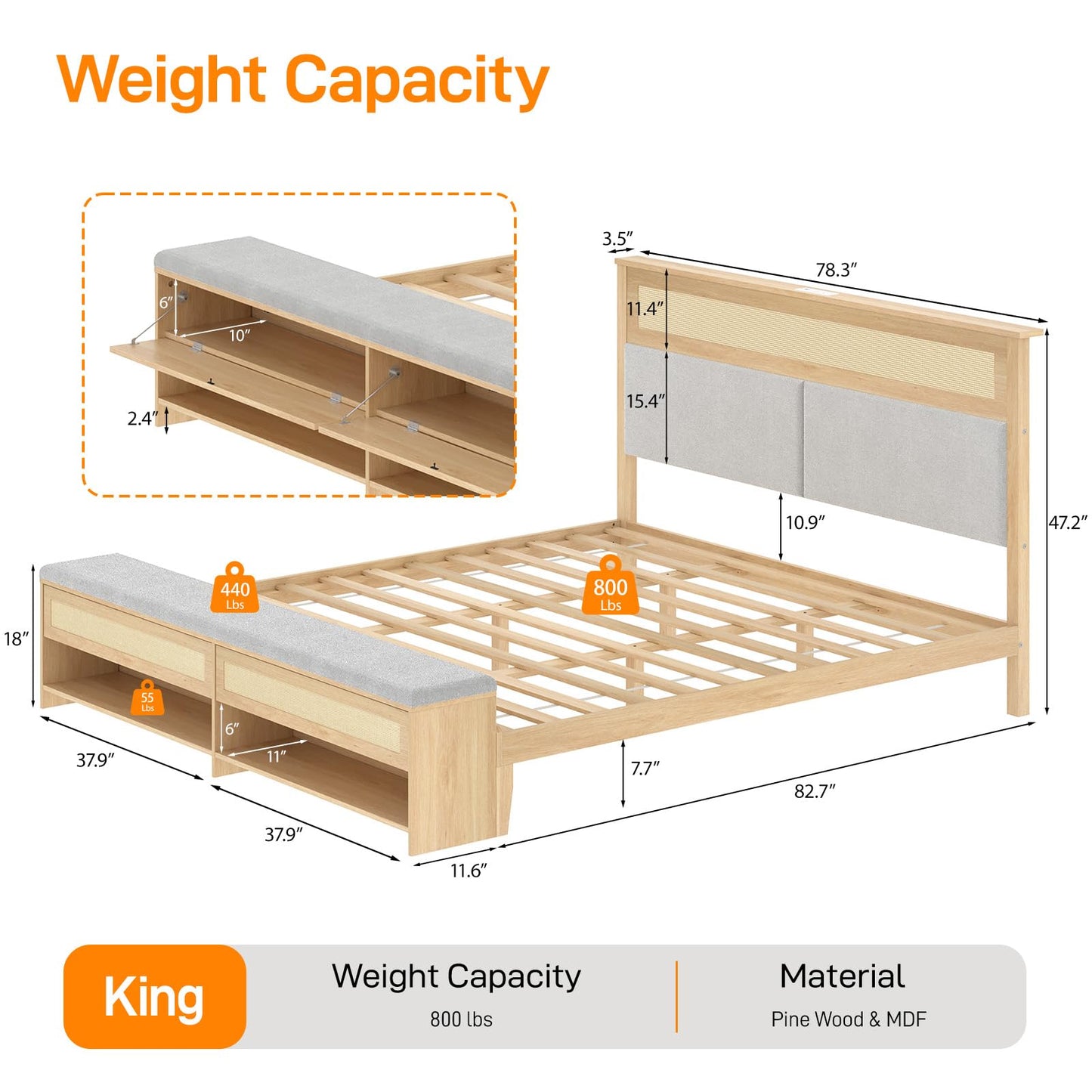 VINGLI King Size Rattan Bed Frame with Bench and Headboard,Large Boho Bed with Storage and Footboard Cabinet,Wood Platform Bed wirh Shelves,No Box Spring Needed, Natural Wood
