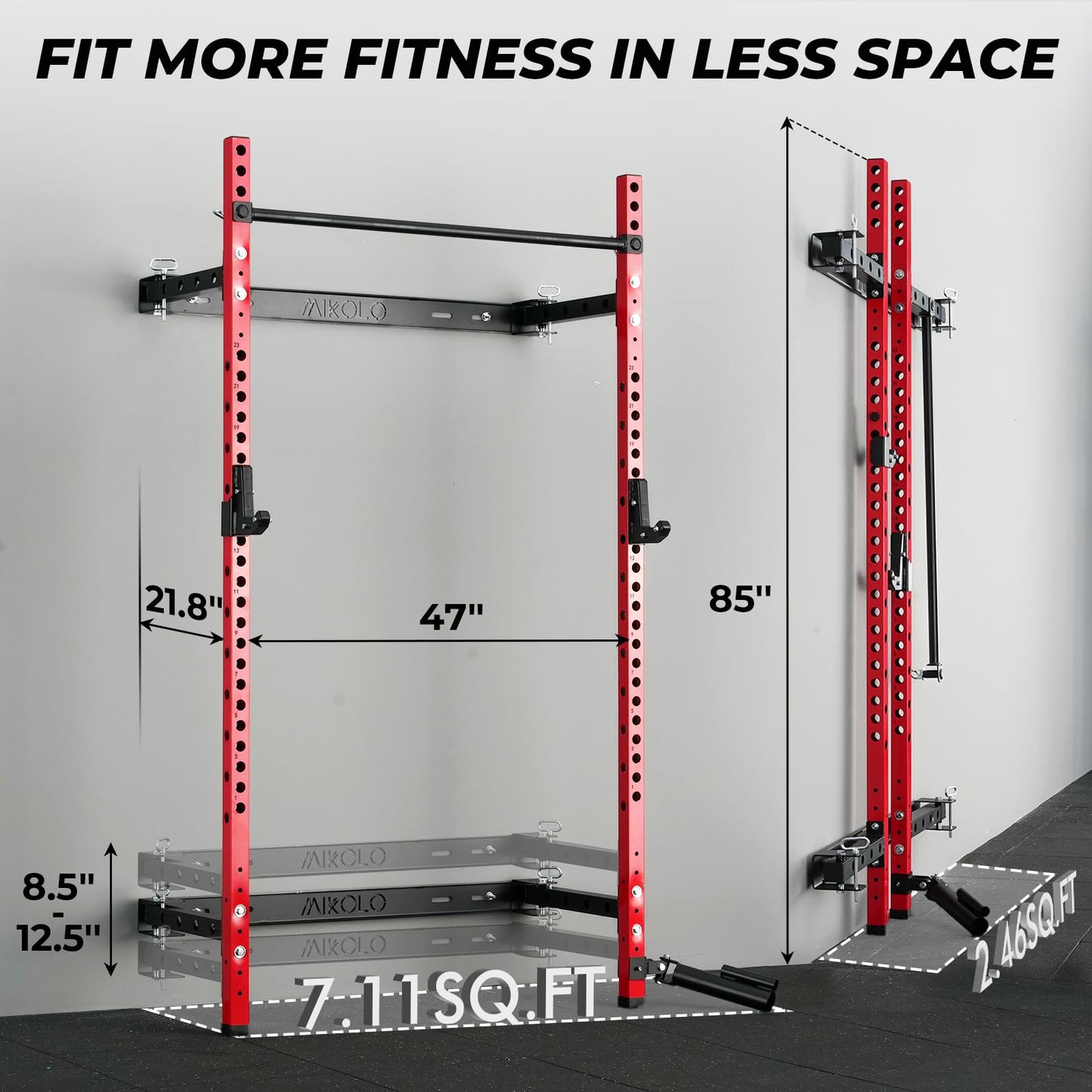 Mikolo 2" x 2" Folding Wall Mounted Squat Rack, 1000 Pounds Capacity Power Rack with Safety Catches, Pull Up Bar, J Hooks and Landmine Attachment, Space-Saving Home Gym(Red