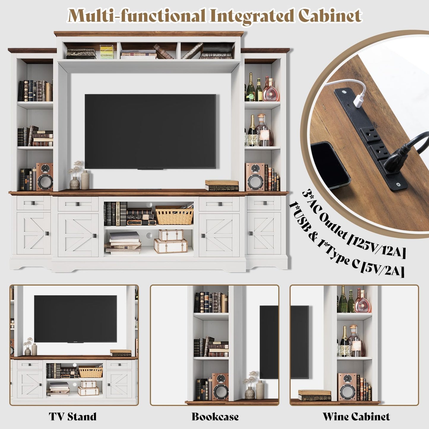 AMERLIFE 98" Farmhouse Wall Unit Entertainment Center with Bookshelves, Wine Cabinet, Fits 75" TVs, Rustic Media Console for Living Room, Large TV Stand with Power Outlets & Barn Door, Off-White