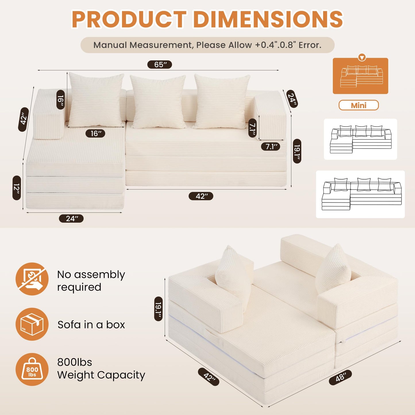 65" Boneless Couch,Convertible Sleeper Sofa Bed, Modular Sectional Sofa, Modern Tri-Folding Cloud Couch with L-Shape Chaise, Corduroy Futon Couches for Living Room Small Spaces Apartment,No Assembly