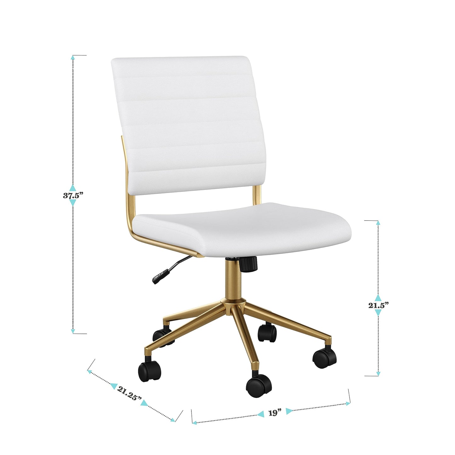 Martha Stewart Ivy Armless Swivel Task Chair for Home Office in White Faux Leather with Polished Brass Frame