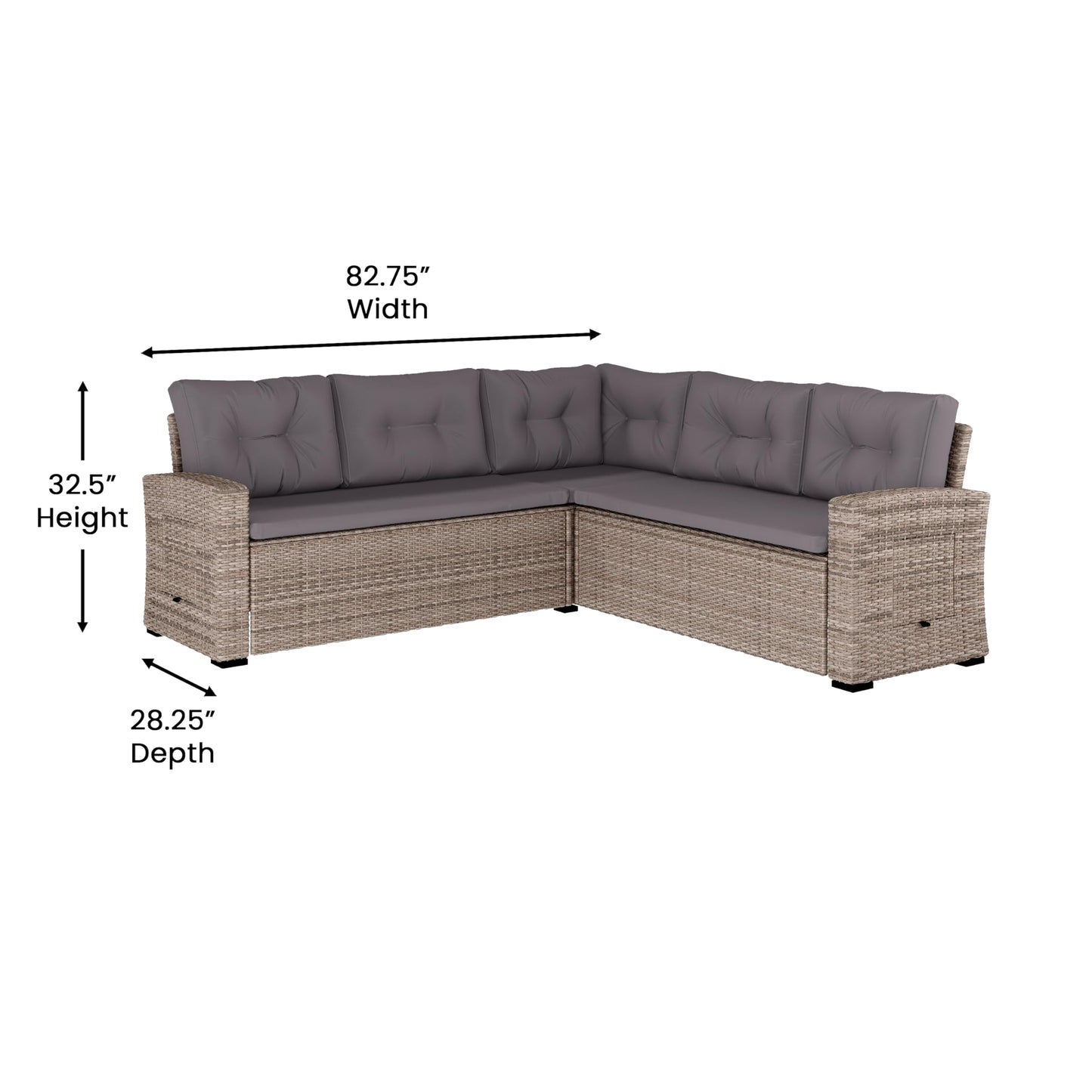 Flash Furniture Huck Wicker Rattan Conversation Set, Versatile Indoor/Outdoor Use, L-Shaped Sofa and Dining Table, Weather-Resistant Cushions, Gray