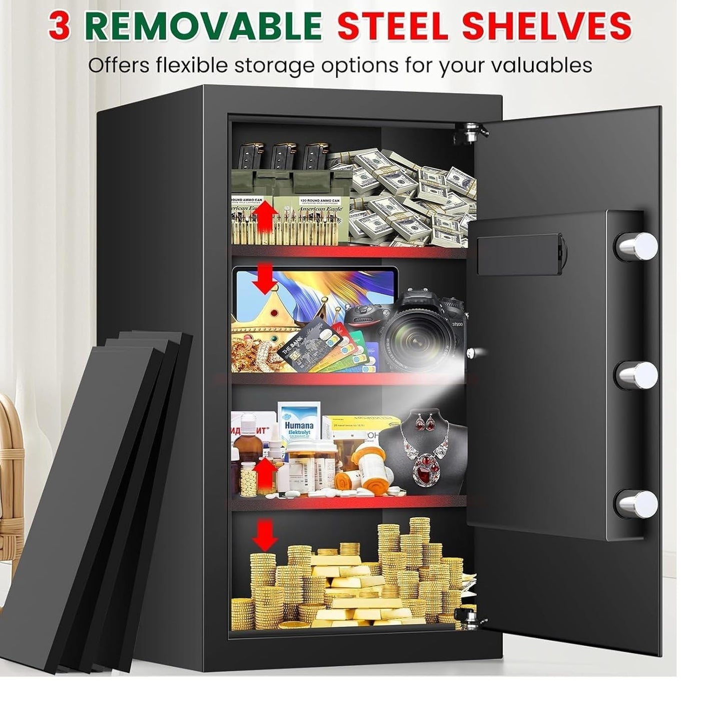 6.2 Cuft Large Home Safes Water and Fireproof with Digital Keypad & Key Lock, Fire Security Safe Box with 3 Removable Shelves, Fireproof Safes for Money Documents Jewelry, 27.56"H x13.78"W x 11.81"D