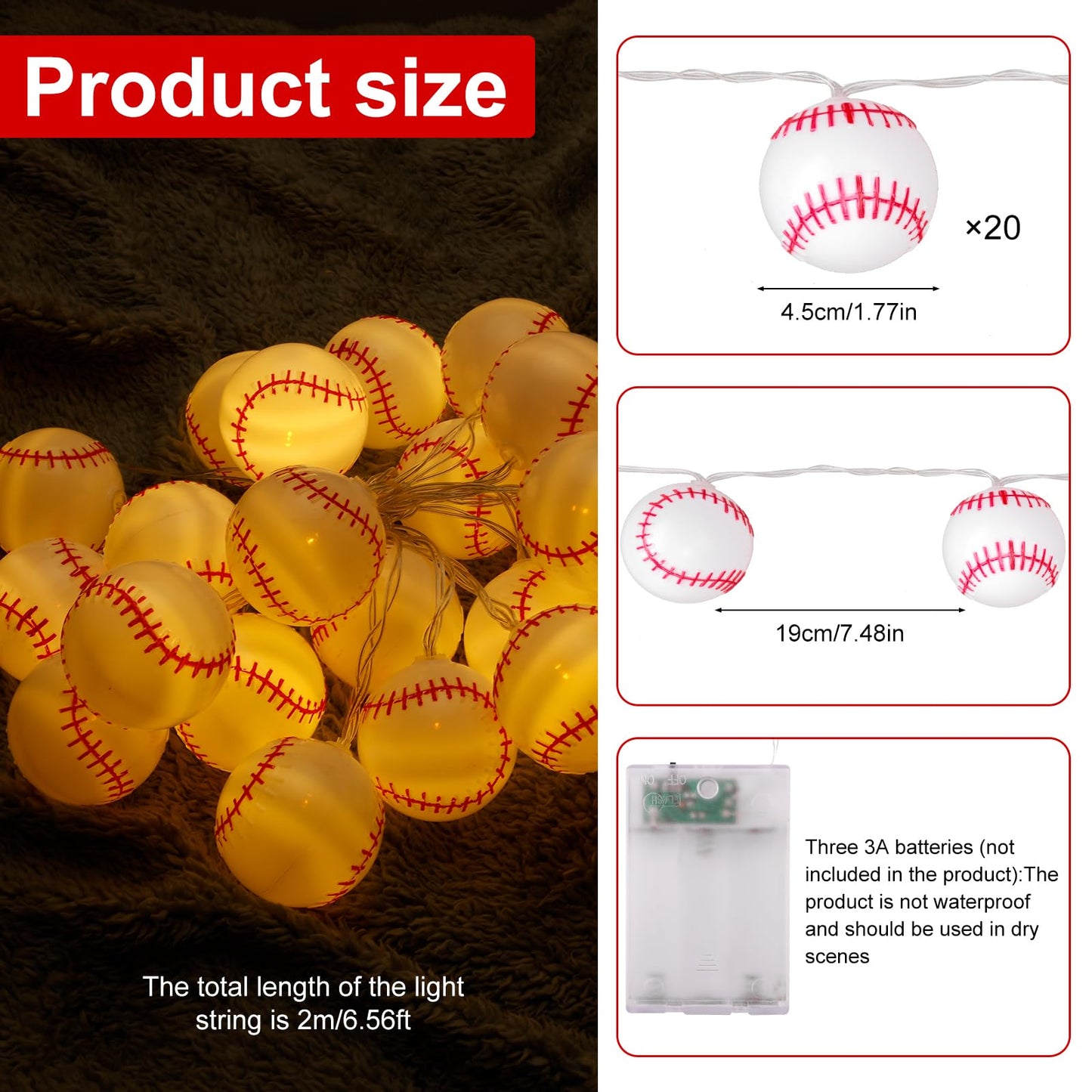 BTFO Baseball Light String, 20 Lights, Warm Light, 3m/9.84ft, Orange, Model 17004