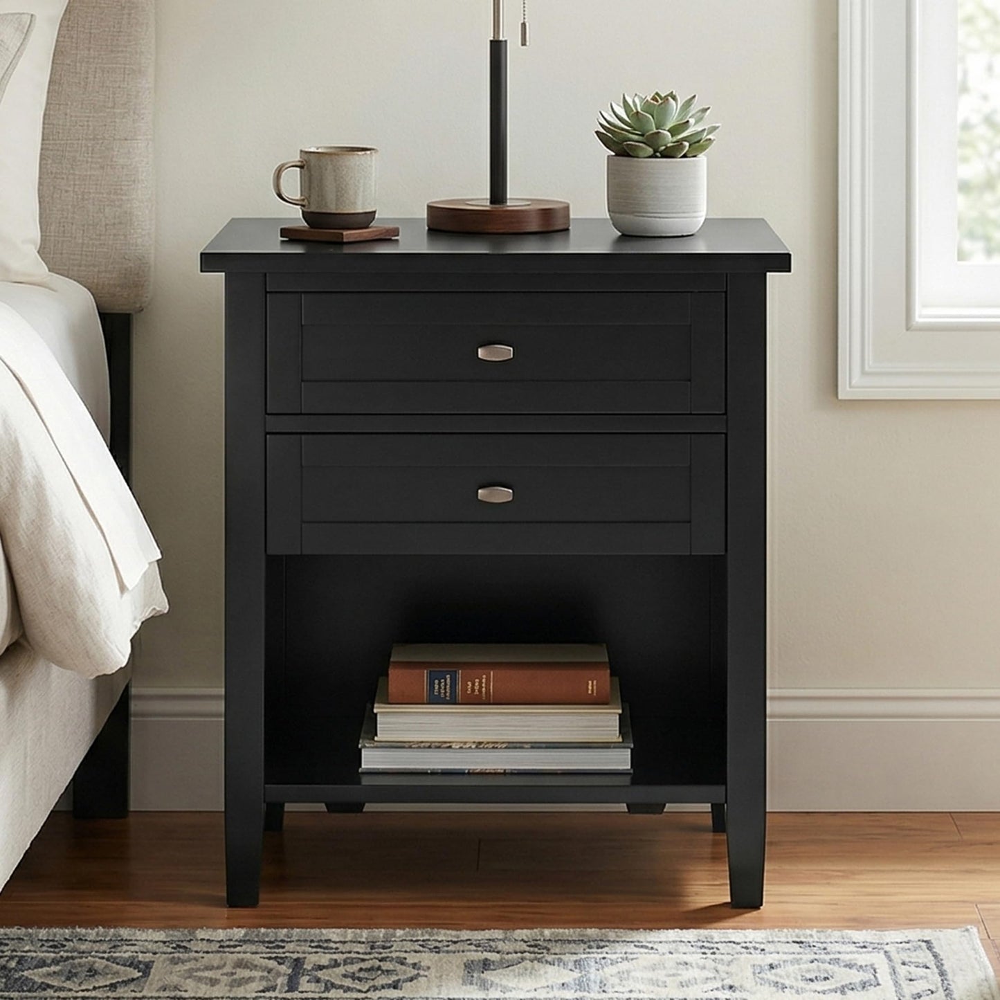 SIMPLIHOME Warm Shaker Bedside Table - 24 inch Wide Solid Wood Nightstand in Black, Transitional Bedroom Side or End Table with 2 Drawers, Open Shelf Storage and Bronze Hardware