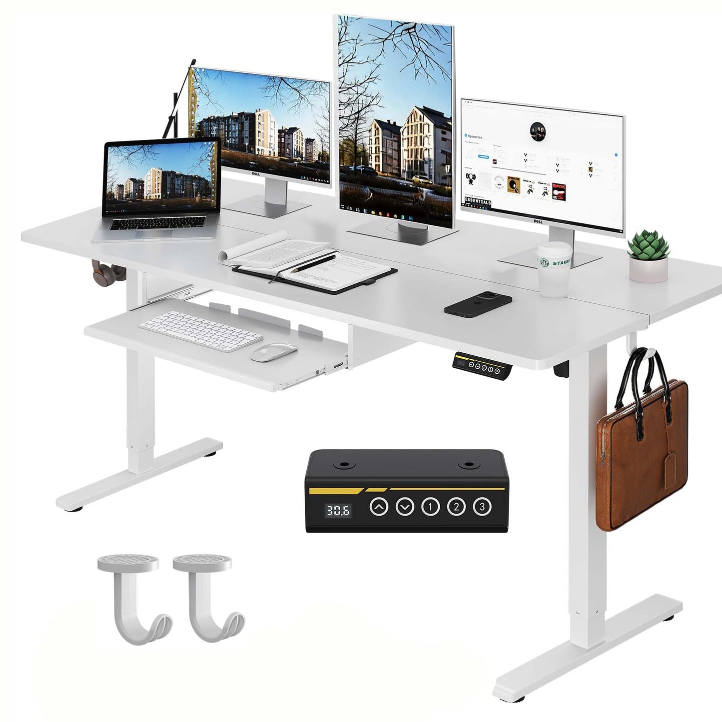 Gamork Electric Standing Desk with Keyboard Tray,55x24 inches Adjustable Height Stand Up Desk,3 Preset Heights,Equipped with Hooks,Raising Desks for Home Office and Computer Workstation,White