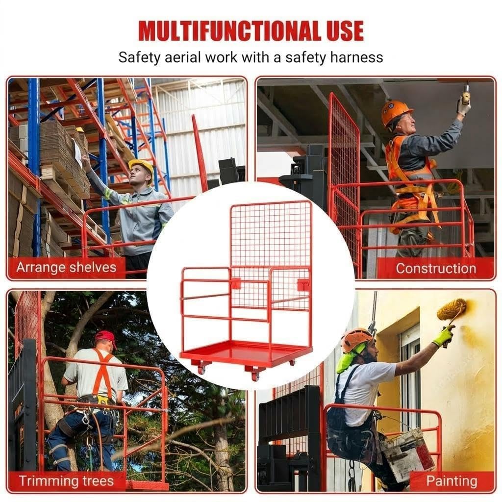 2200LBS Capacity 43"x45" Forklift Safety Cage with Swivel Wheels - Heavy Duty Forklift Man Basket with Safety Harness - Collapsible Lift Basket
