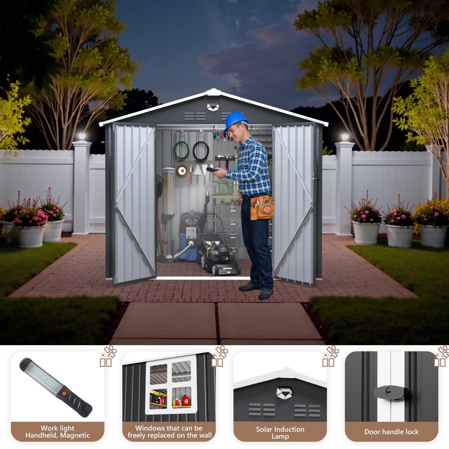 Benass 8x6 FT Outdoor Storage Shed, Metal Garden Shed - Tool Storage Sheds with Lockable Doors & 1 Clear Window, Waterproof Outside Storage Building for Backyard, Patio (Black; Floor Not Included)