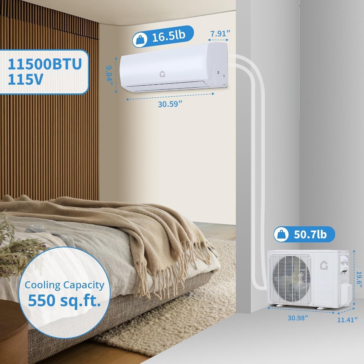 Takywep 11500 BTU Mini Split AC/Heating System, 17 SEER2 Inverter 6-in-1 Split System Air Conditioners, Ductless Heat Pump Wall Mount AC Unit Cool Up to 750 Sq. Ft, Installation Kits, 115V