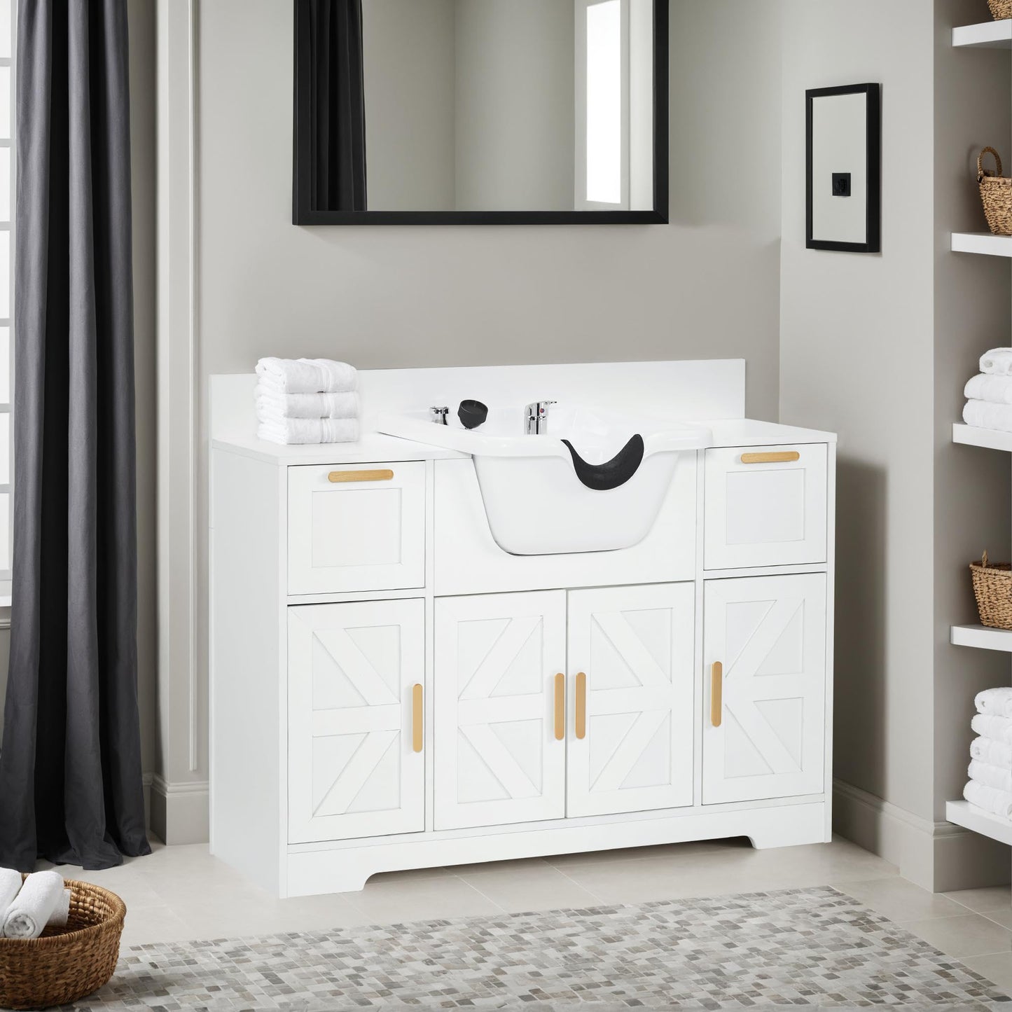 BarberPub Portable Shampoo Station, Shampoo Bowl with Cabinet & Drawer, Salon Geometric Finish Station with Sprayer Faucet, Barber Storage Equipment with Hair Wash Backwash Sink 3439 (All White)
