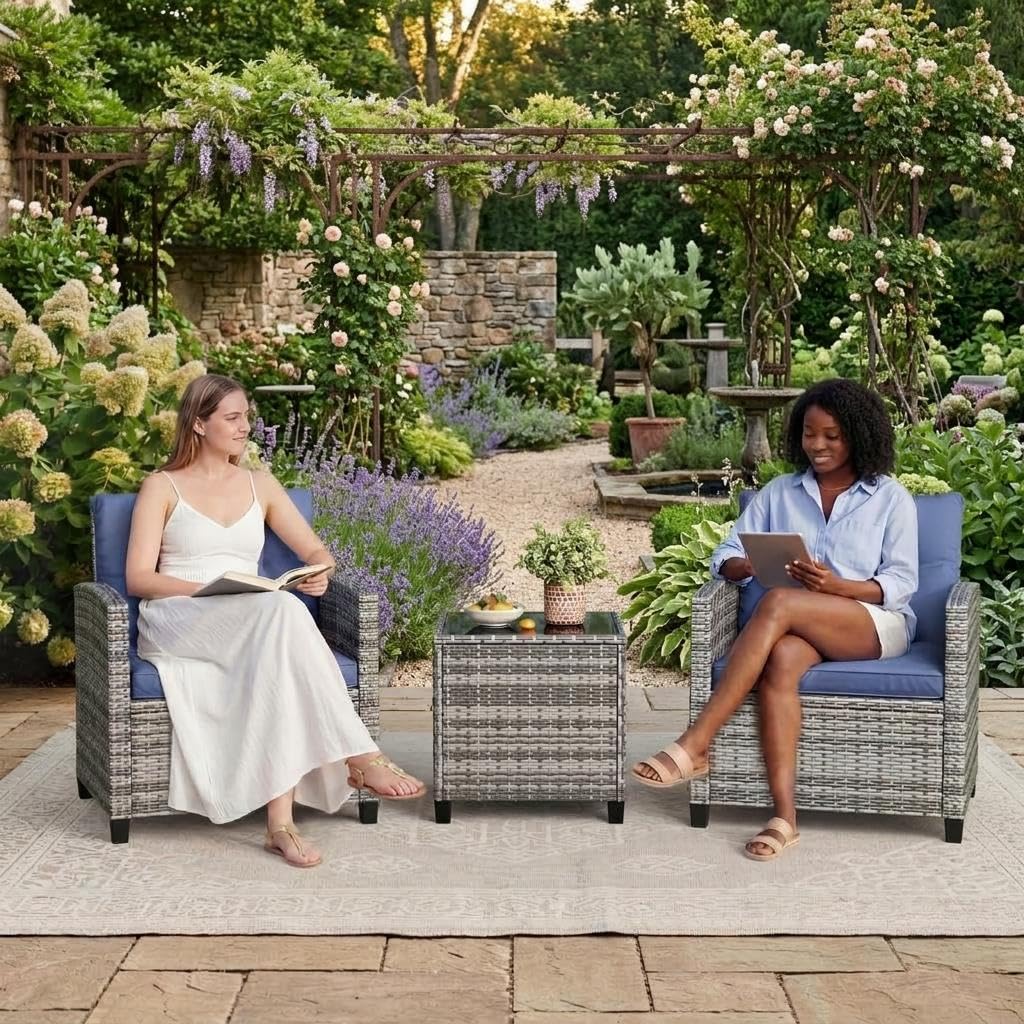 GarveeLife 3 Piece Wicker Patio Furniture Set, Outdoor Rattan Chairs with Side Table, All-Weather Conversation Set for Balcony, Porch or Backyard, Brown Gradient Wicker with Cushions