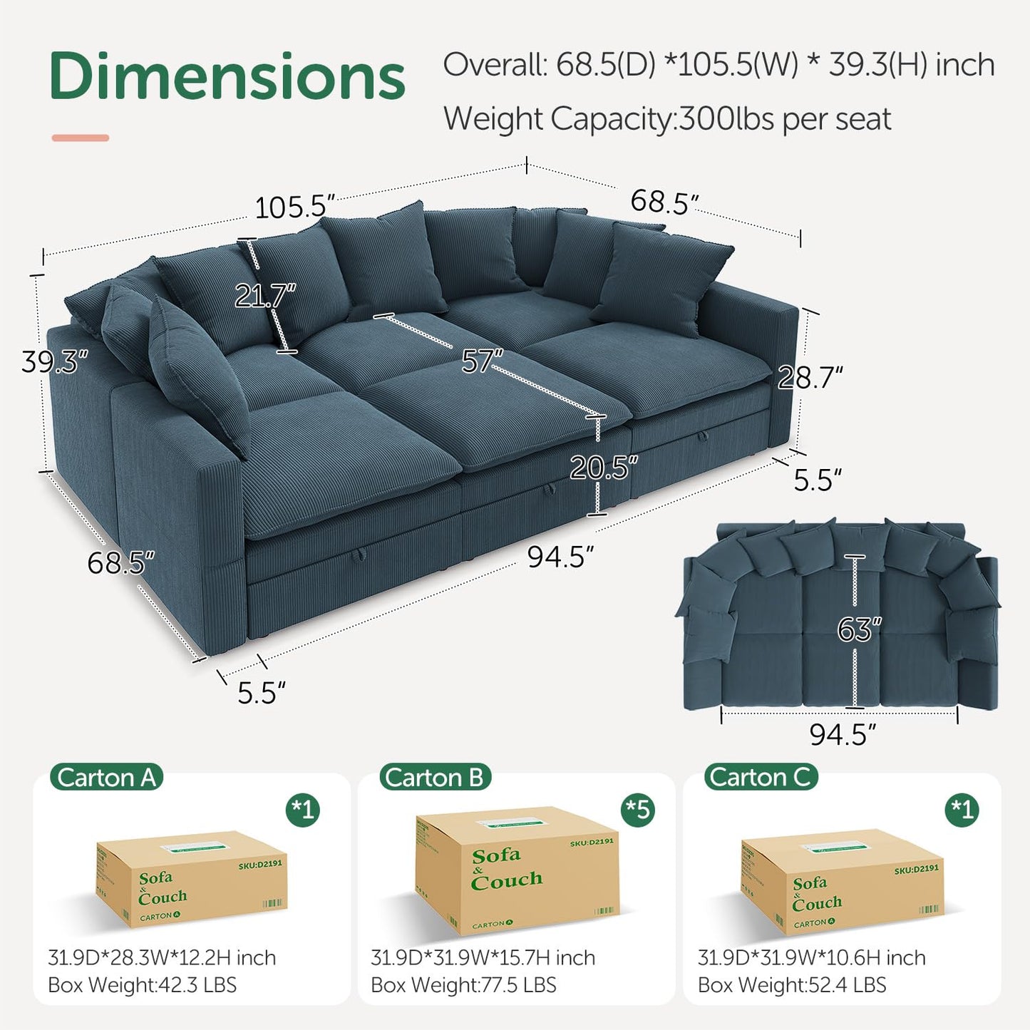 HONBAY Modular Sectional Sleeper Sofa, Corduroy 6 Seater Couch with Storage, Sectional Sleeper Couches for Living Room, Blue