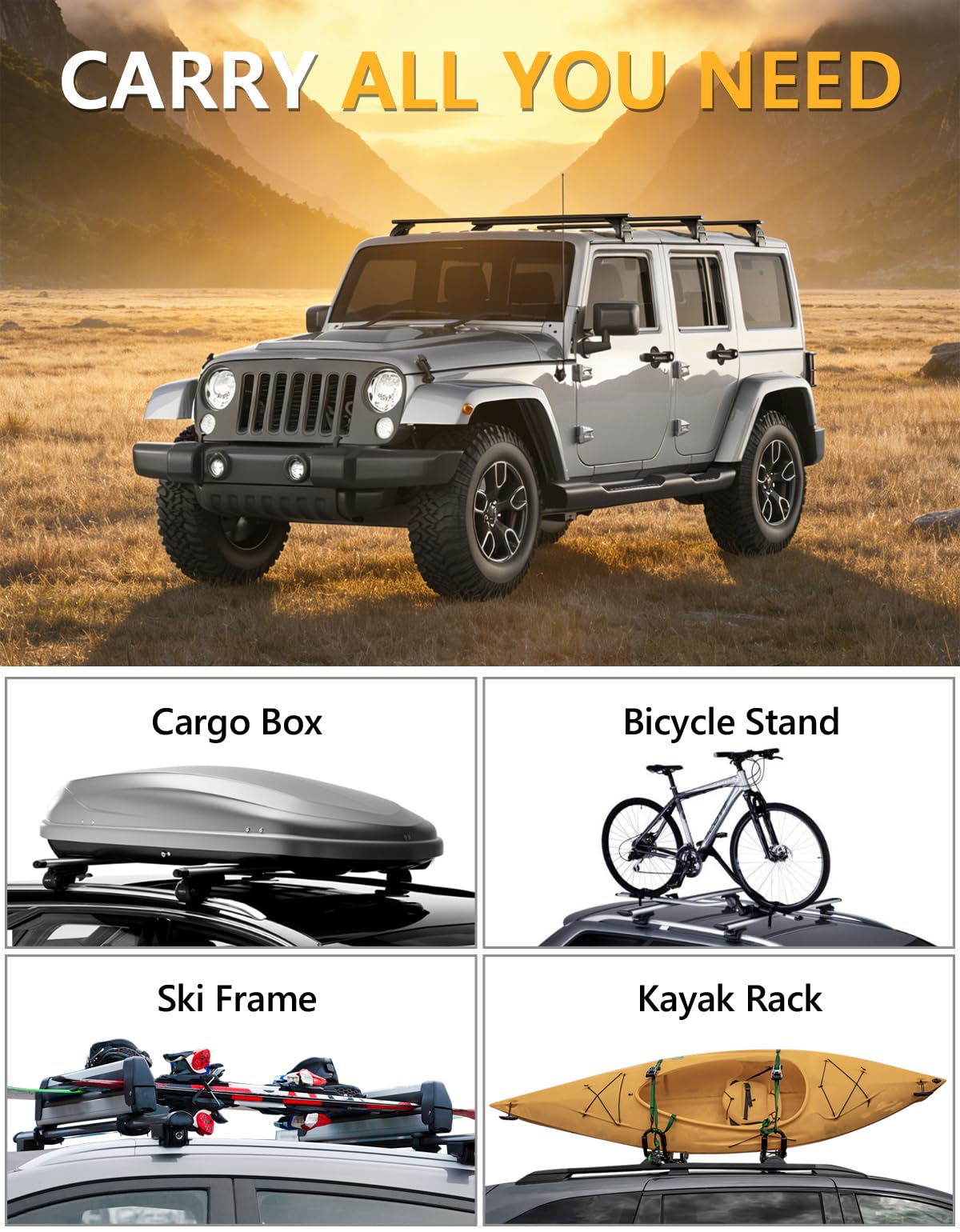 Tuyoung Roof Rack Cross Bars Wrangler - 330 lbs Lockable Crossbars 3PCS Fit for Jeep Wrangler JK JL Gladiator JT 2007-2026 with Metal, 2 & 4 Door Heavy Duty Aluminum Rooftop Kayak Luggage Racks