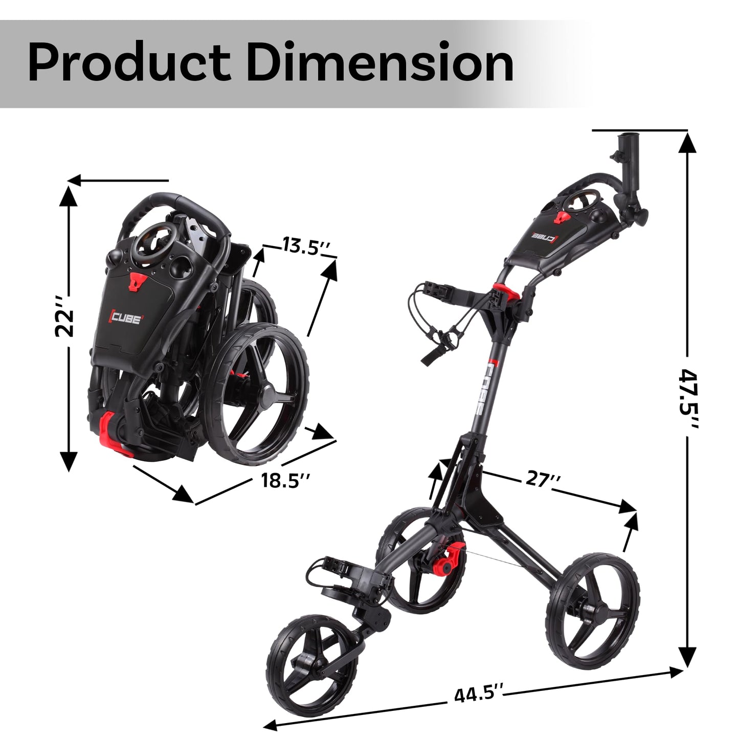 CUBE CART 3-Wheel Golf Push Cart – Ultra-Compact 14.5 lb Folding Golf Trolley, Two-Step Fold, Adjustable Handle, Foot Brake, Umbrella Holder & Built-in Storage - Charcoal/Black