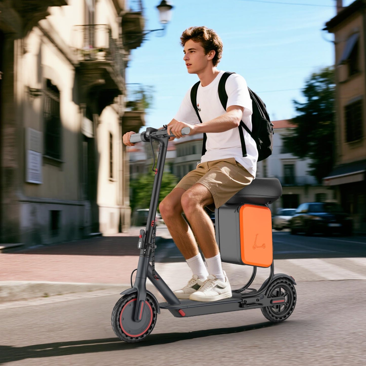 Qlaway Electric Scooter with Seat - 8.5" Solid Tire, Powerful 350W Motor, Top Speed 19 MPH, Max 16 Miles Ranges, Load 264LBS, Aluminum Alloy Frame Foldable Commuting Escooter for Adults & Teens