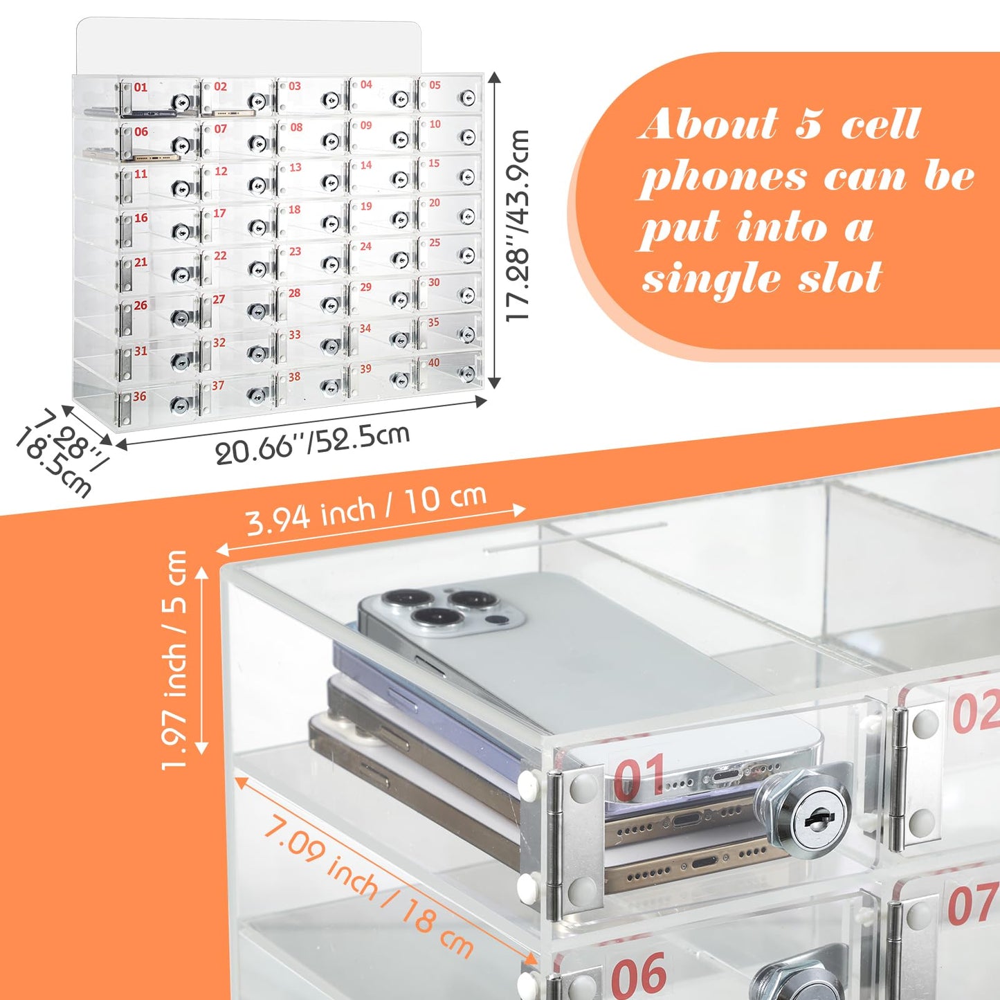 Threan Cell Phone Locker Box for Classroom with Door Locks and Keys Clear Acrylic Phone Jail Storage Cabinet Wall Mounted for School Factory Office(40 Slot)